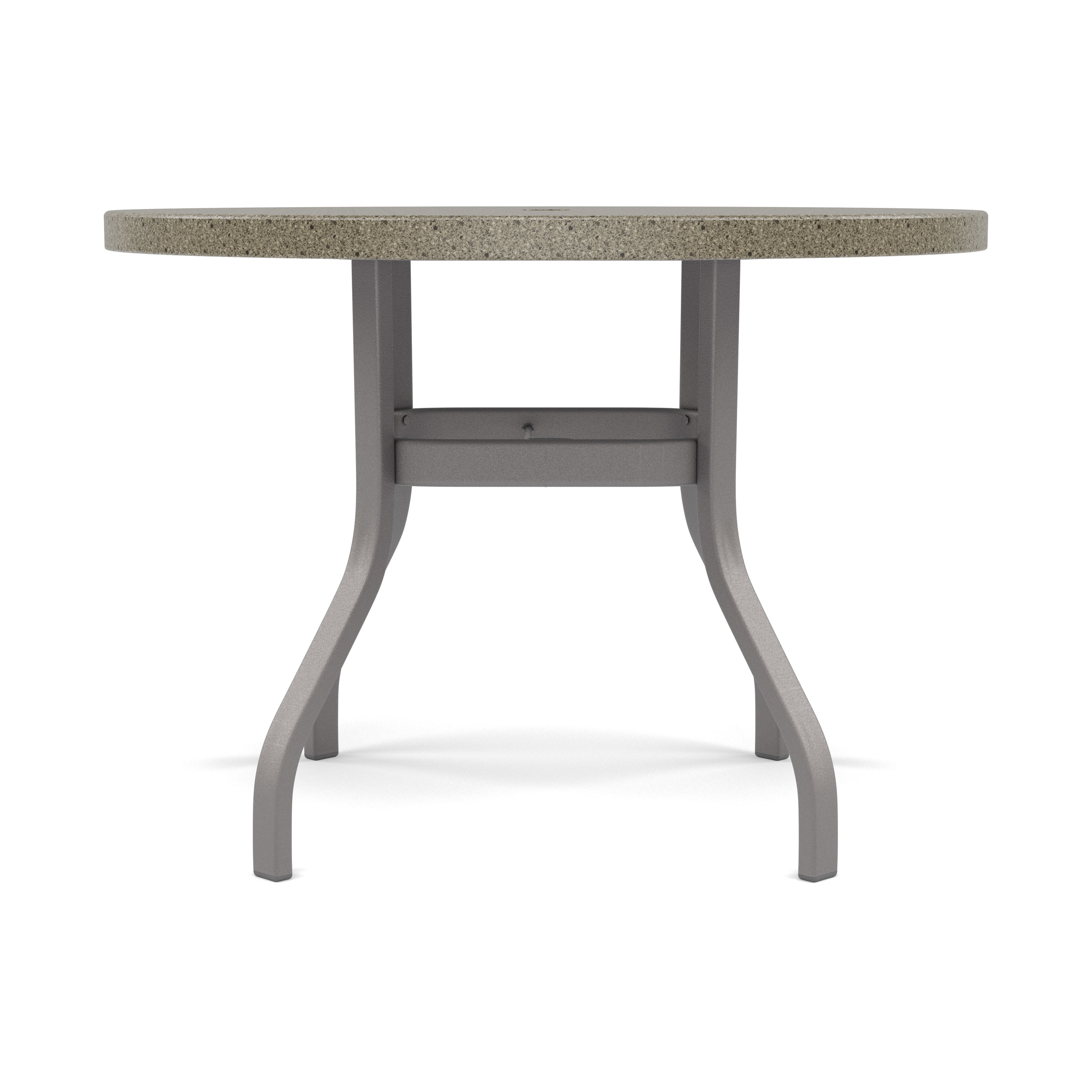 Round outdoor table with a stone-look top and four curved metal legs.