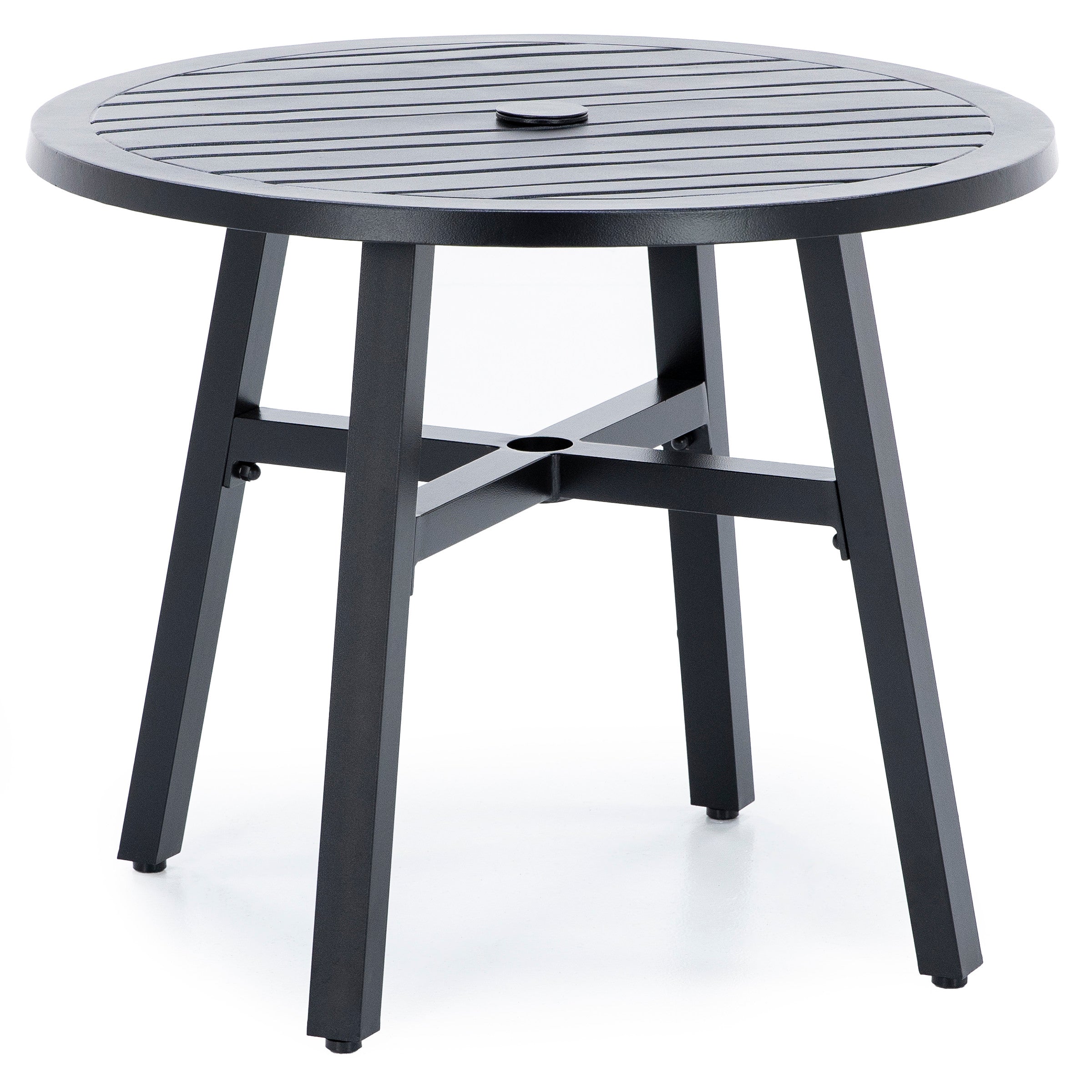 Round black metal outdoor table with slatted top and four angled legs.