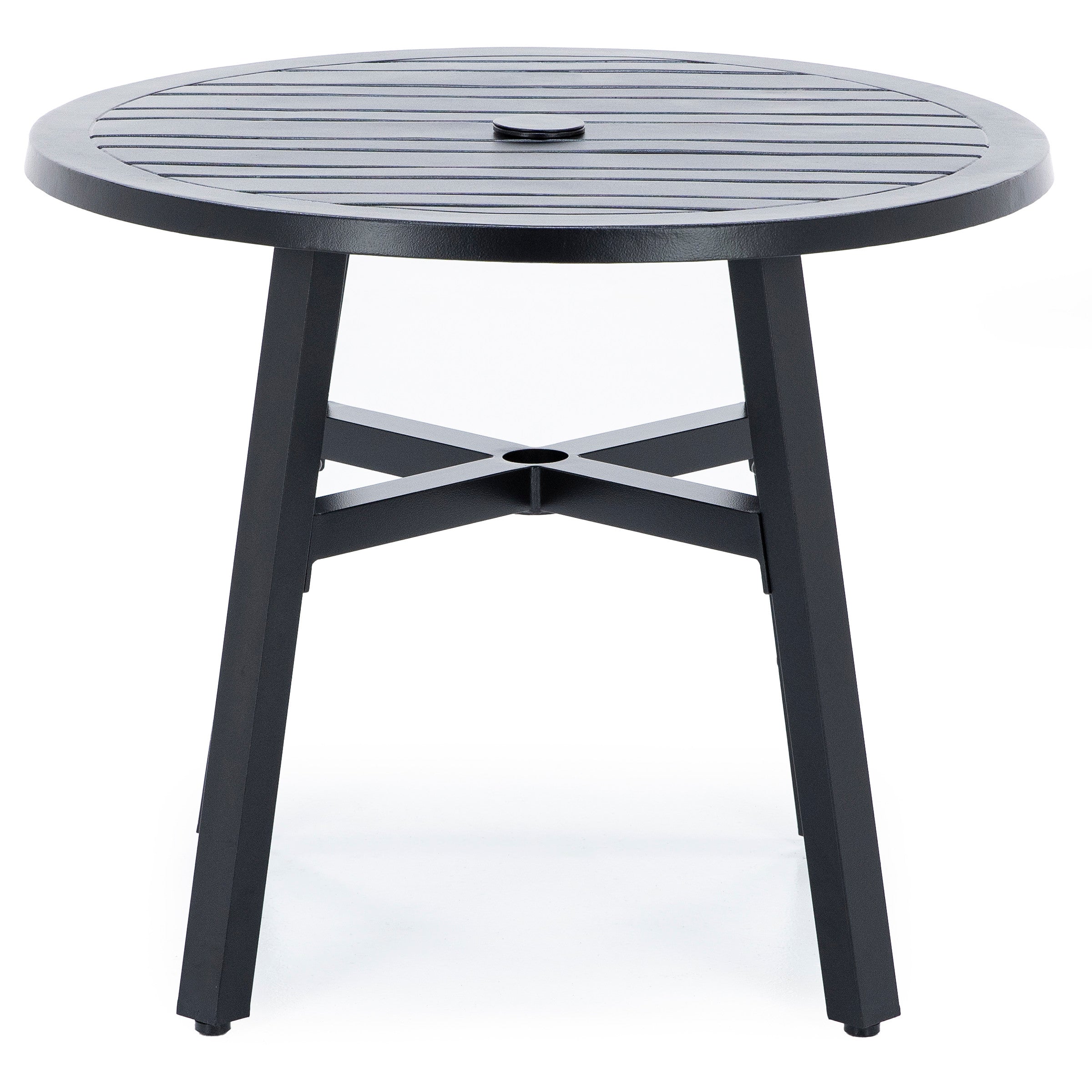 Round black metal outdoor table with slatted top and four angled legs.