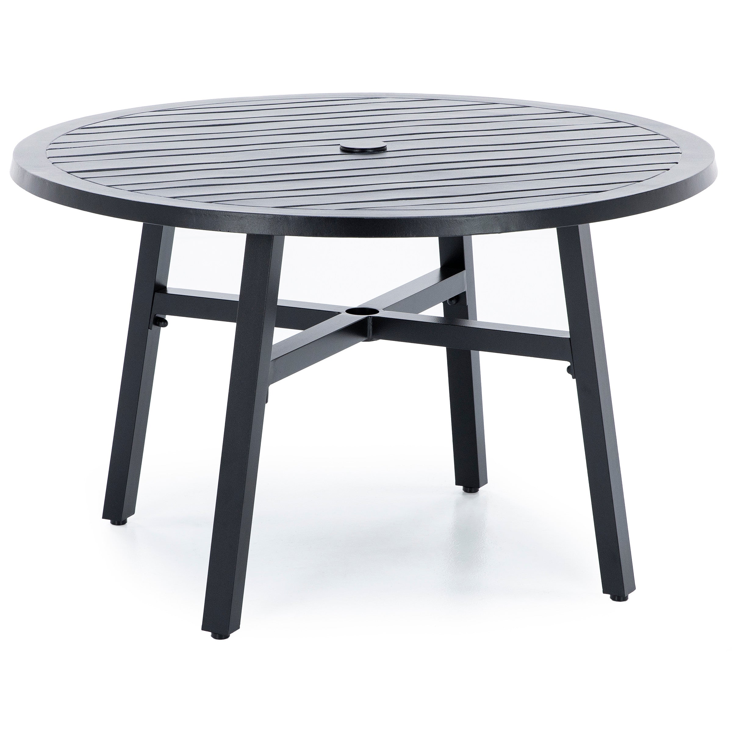 Round black outdoor table with slatted top and umbrella hole.
