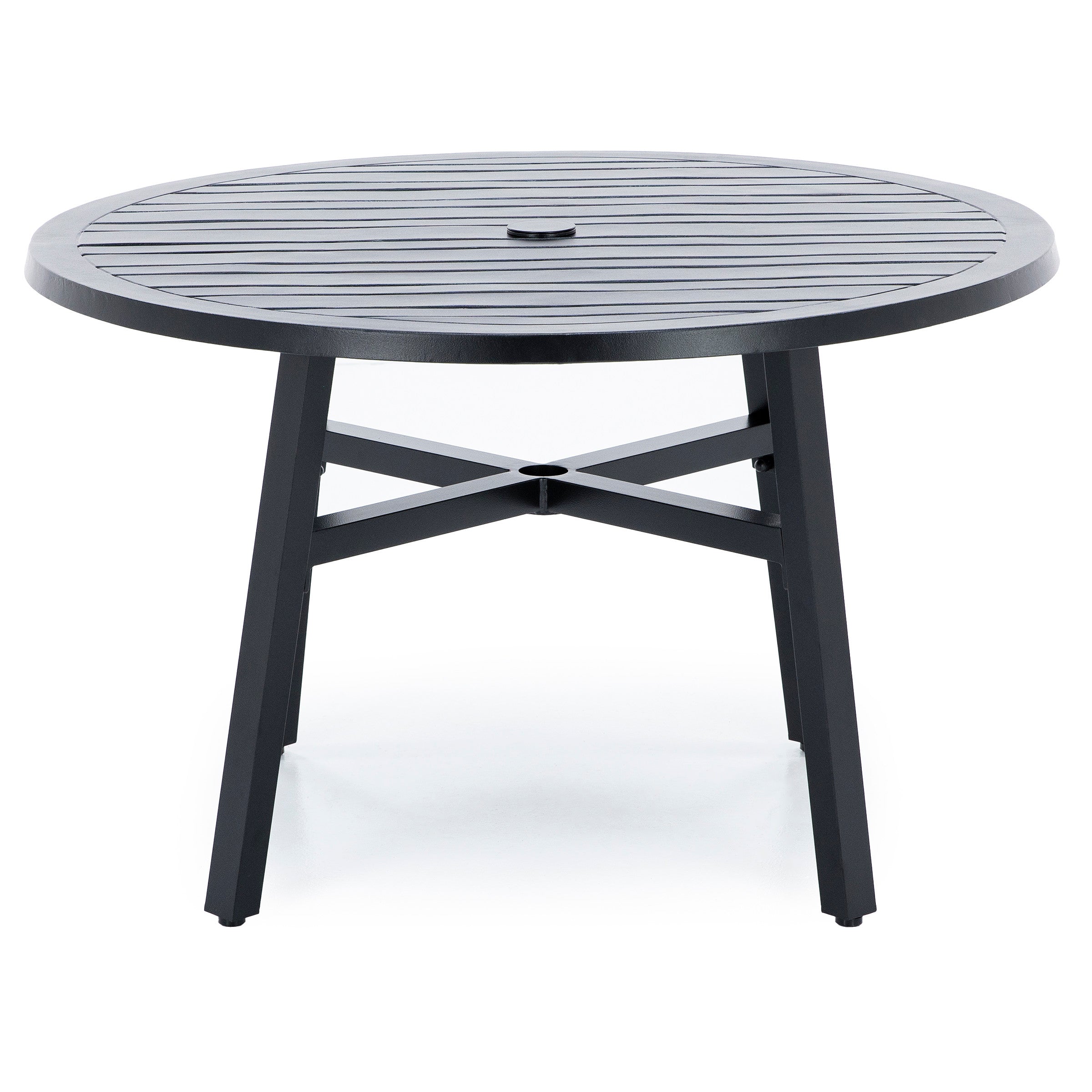 Round black metal outdoor table with slatted top and central umbrella hole.