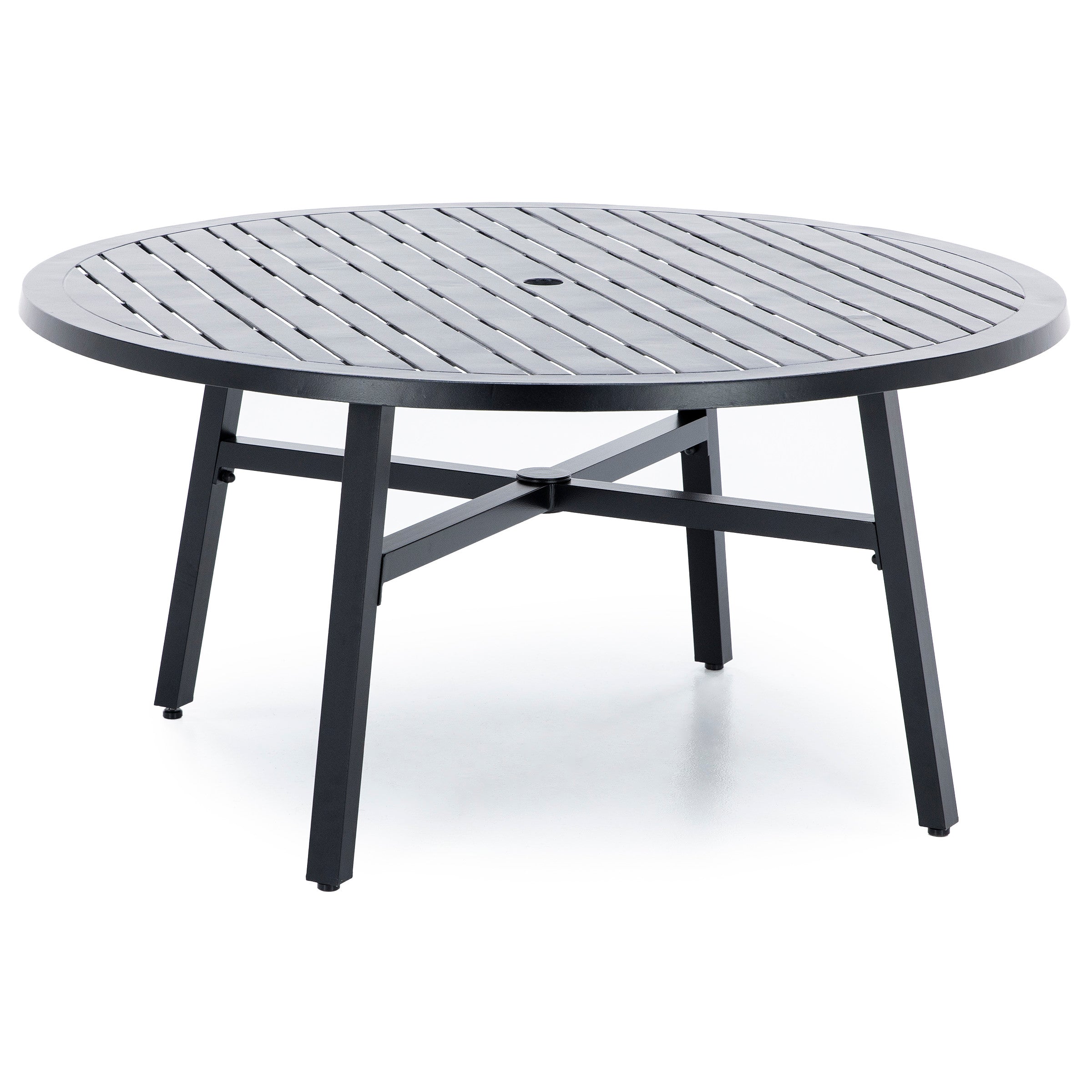 Black round metal outdoor dining table with slatted top and four legs.