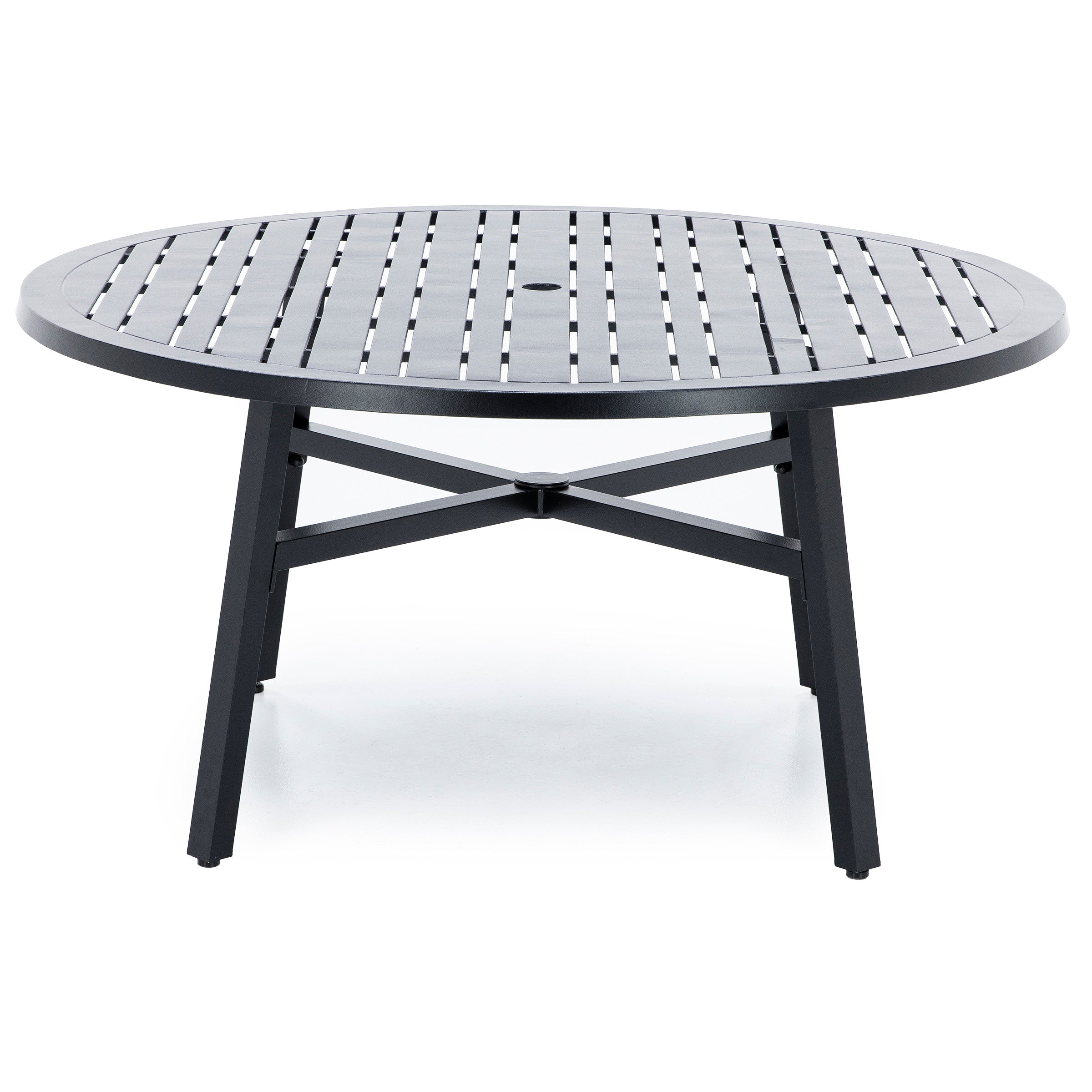 Round black metal outdoor table with slatted top and central umbrella hole.