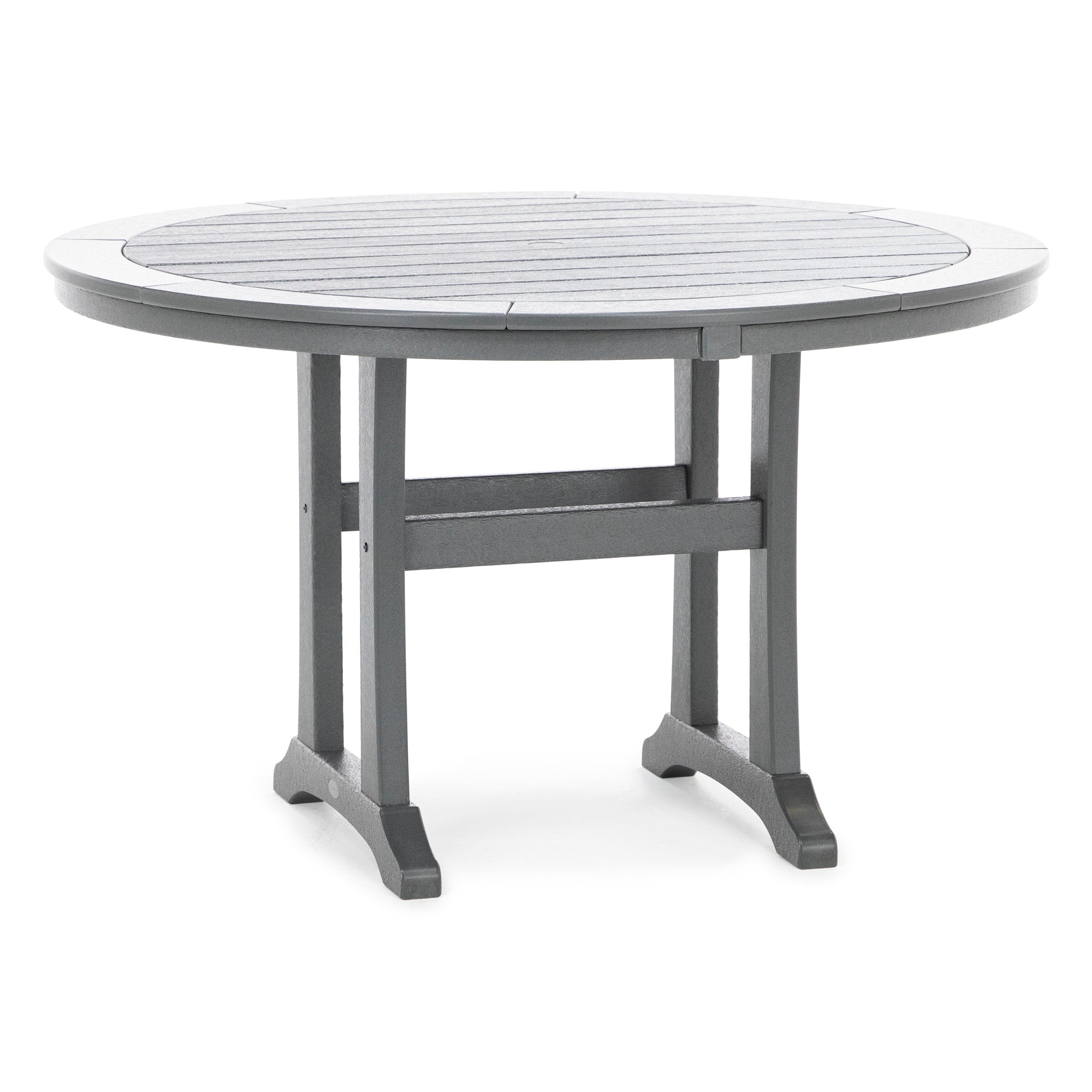 Round gray outdoor dining table with slatted top and sturdy legs.