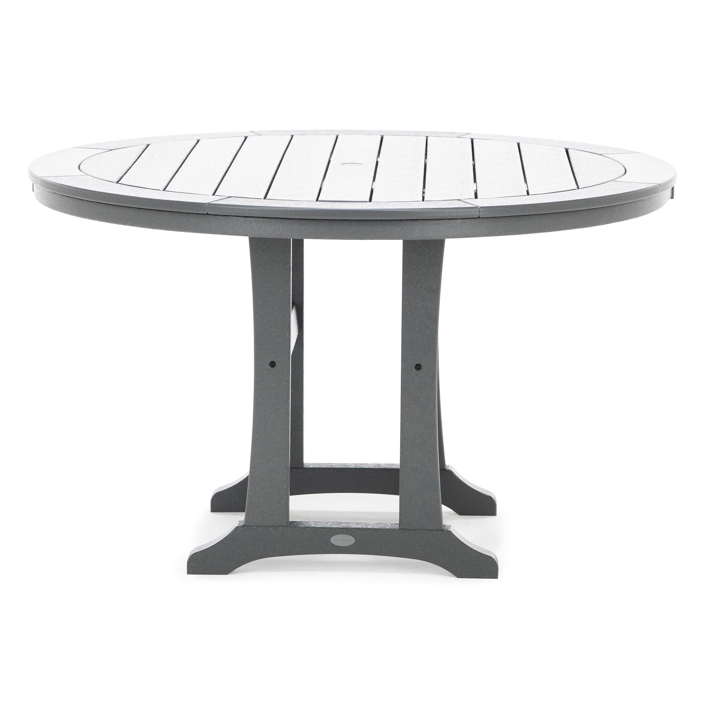 Round gray outdoor dining table with slatted top and pedestal base.