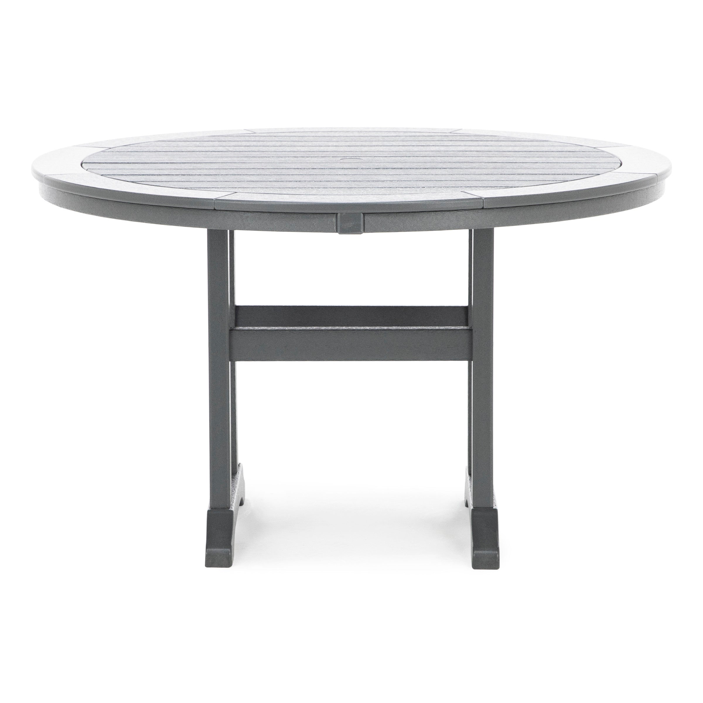 Round outdoor dining table with a slatted top, shown in gray finish.