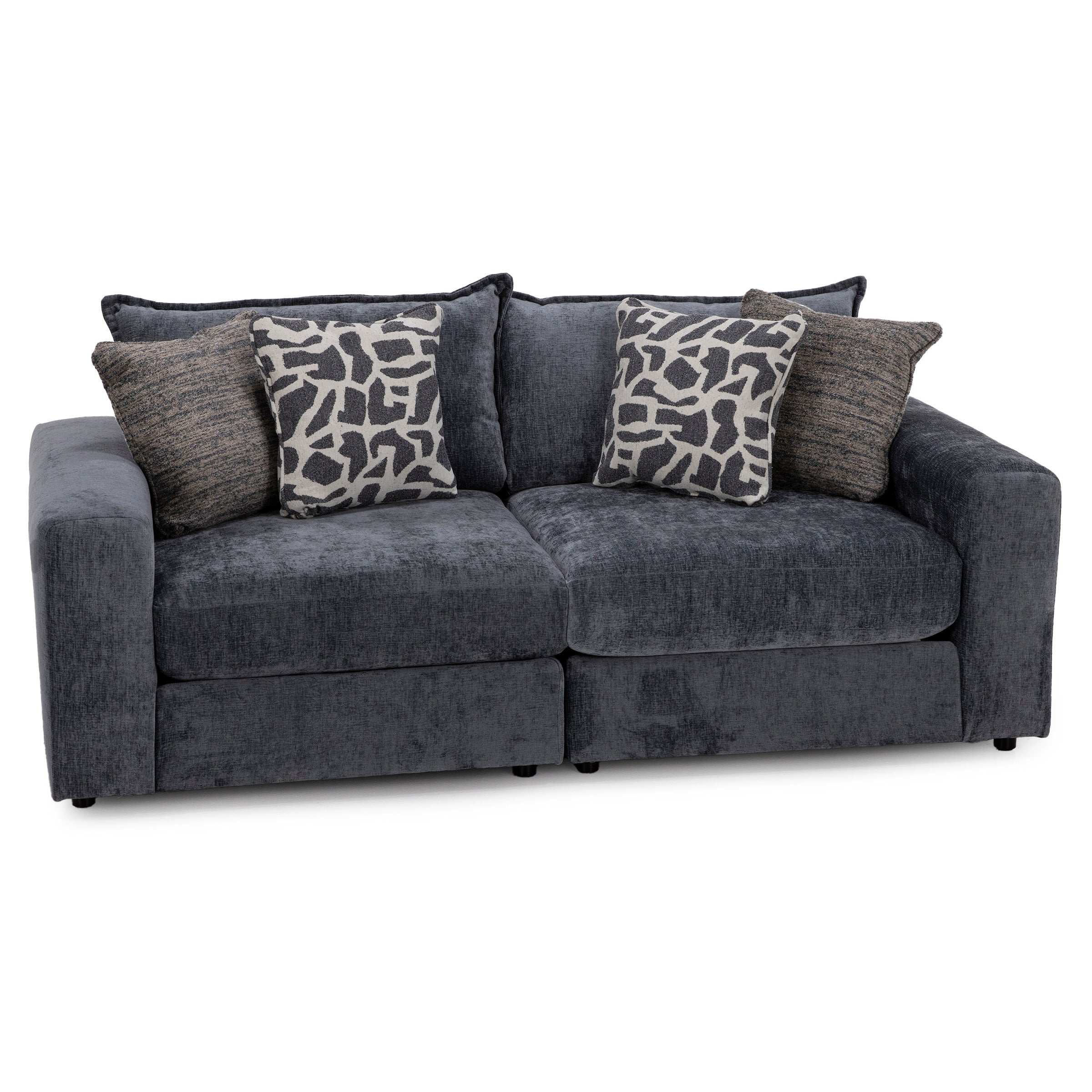 Gray upholstered sofa with four patterned throw pillows.