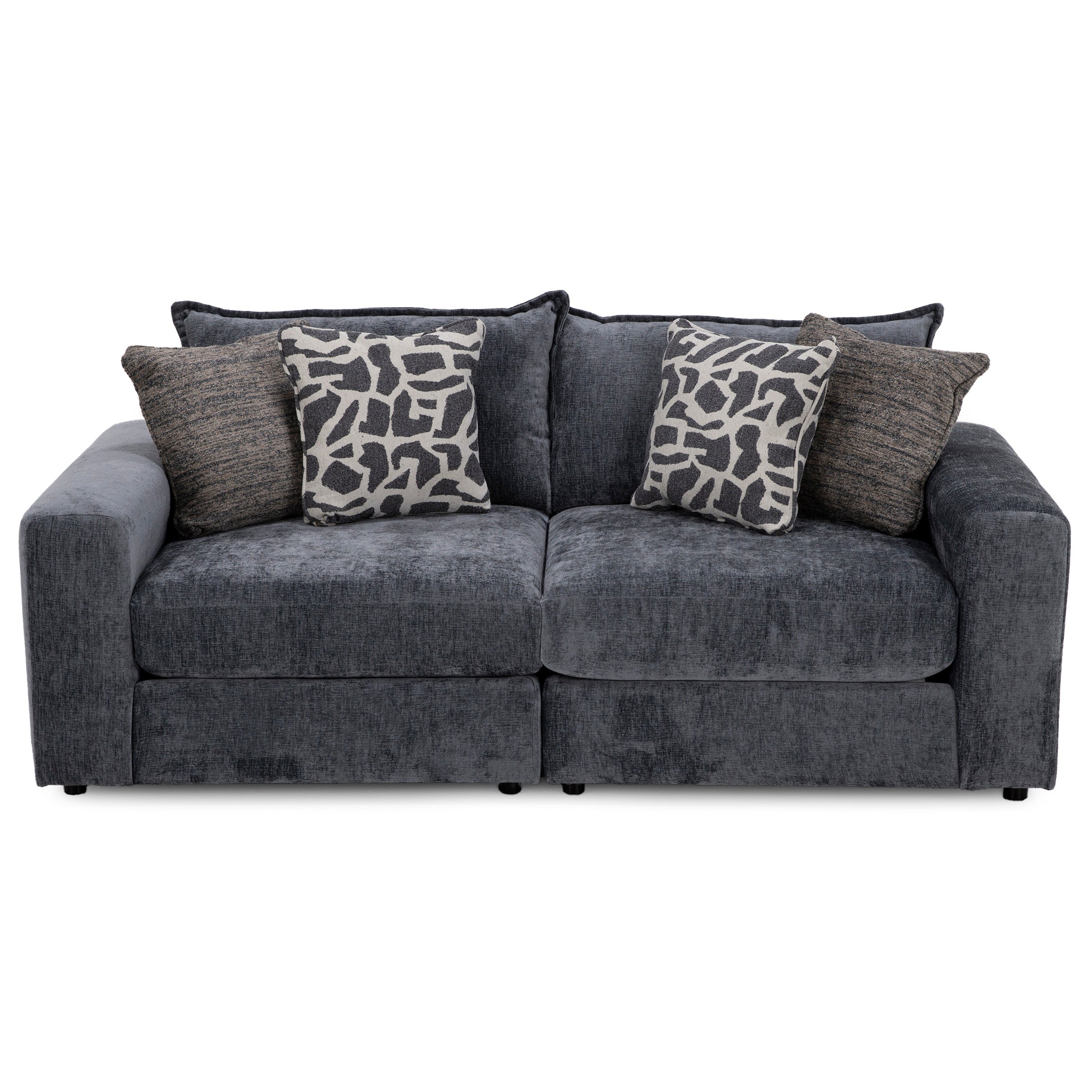 Gray upholstered sofa with four decorative throw pillows.