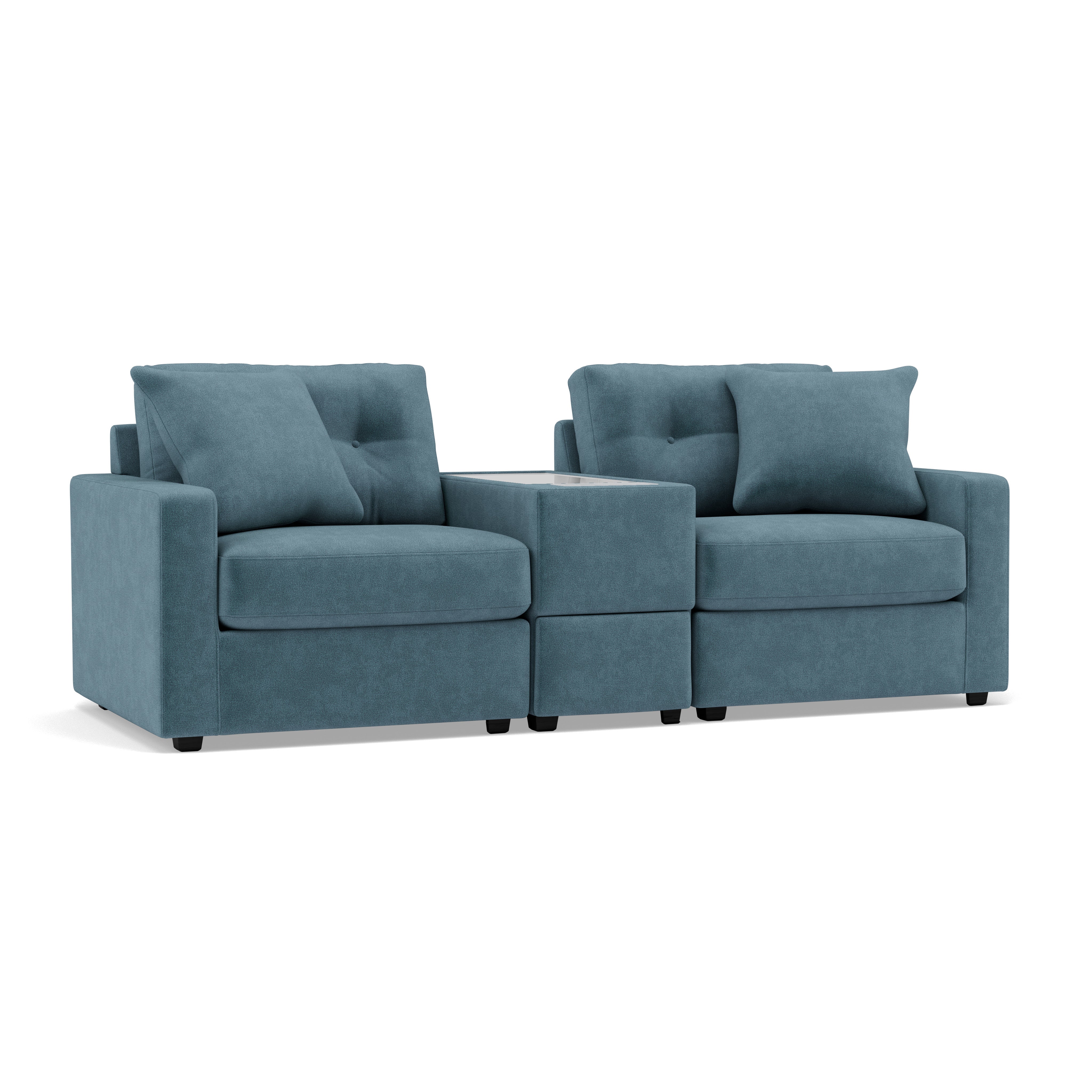 Blue two-seat sofa with wide arms, tufted cushions, and a center console table.
