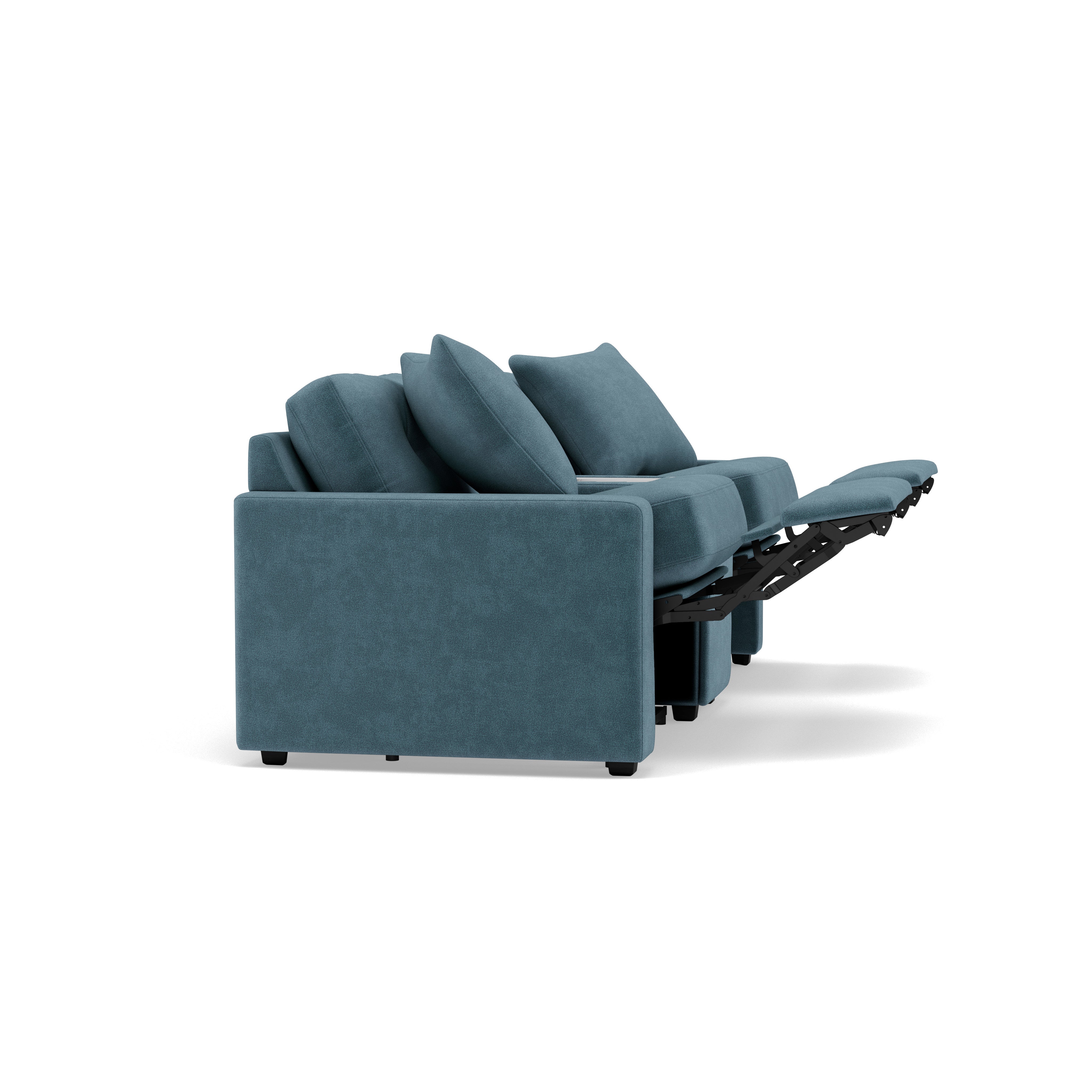 Blue reclining sofa with footrest extended, shown from the side.