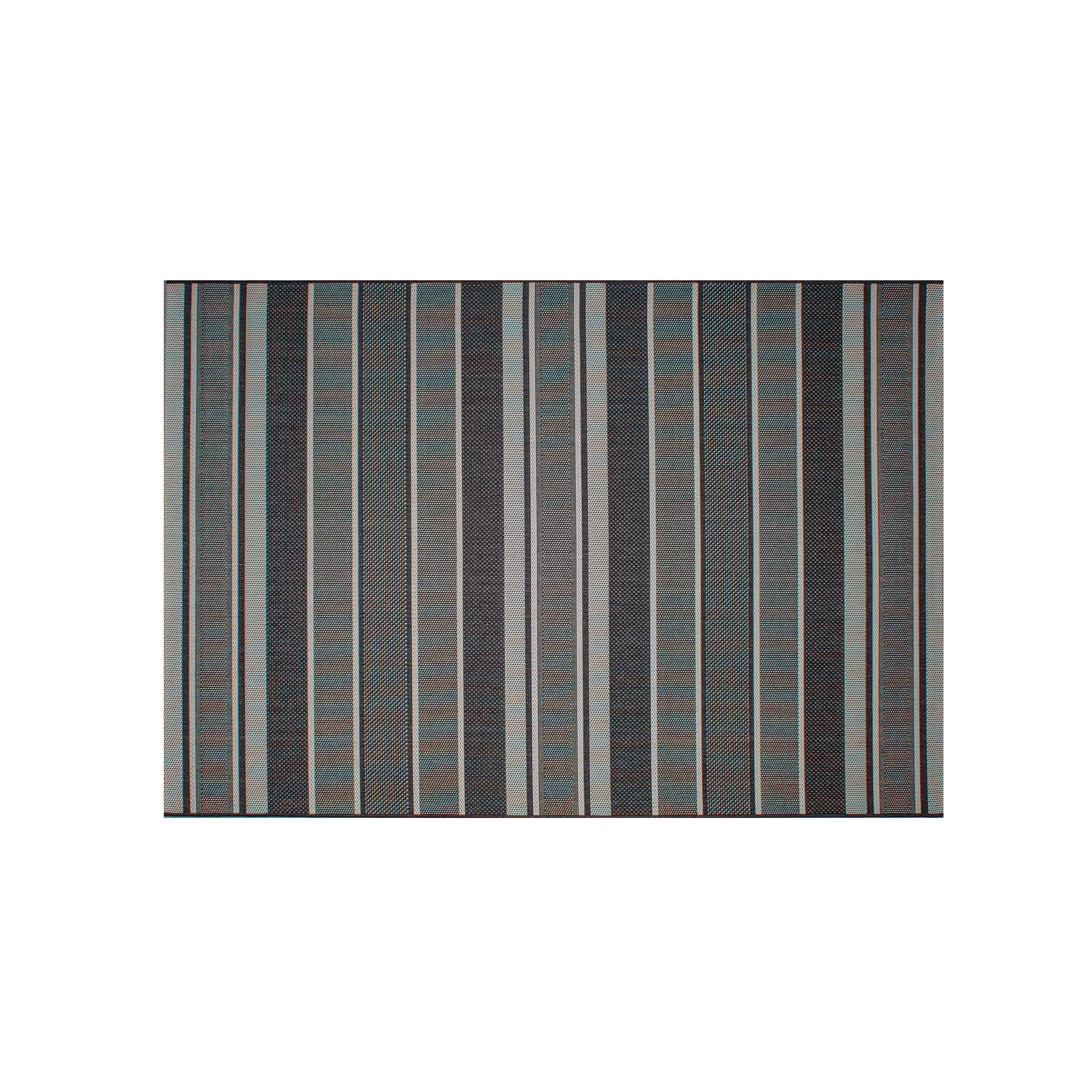 Rectangular rug with vertical stripes in blue, gray, and black tones.