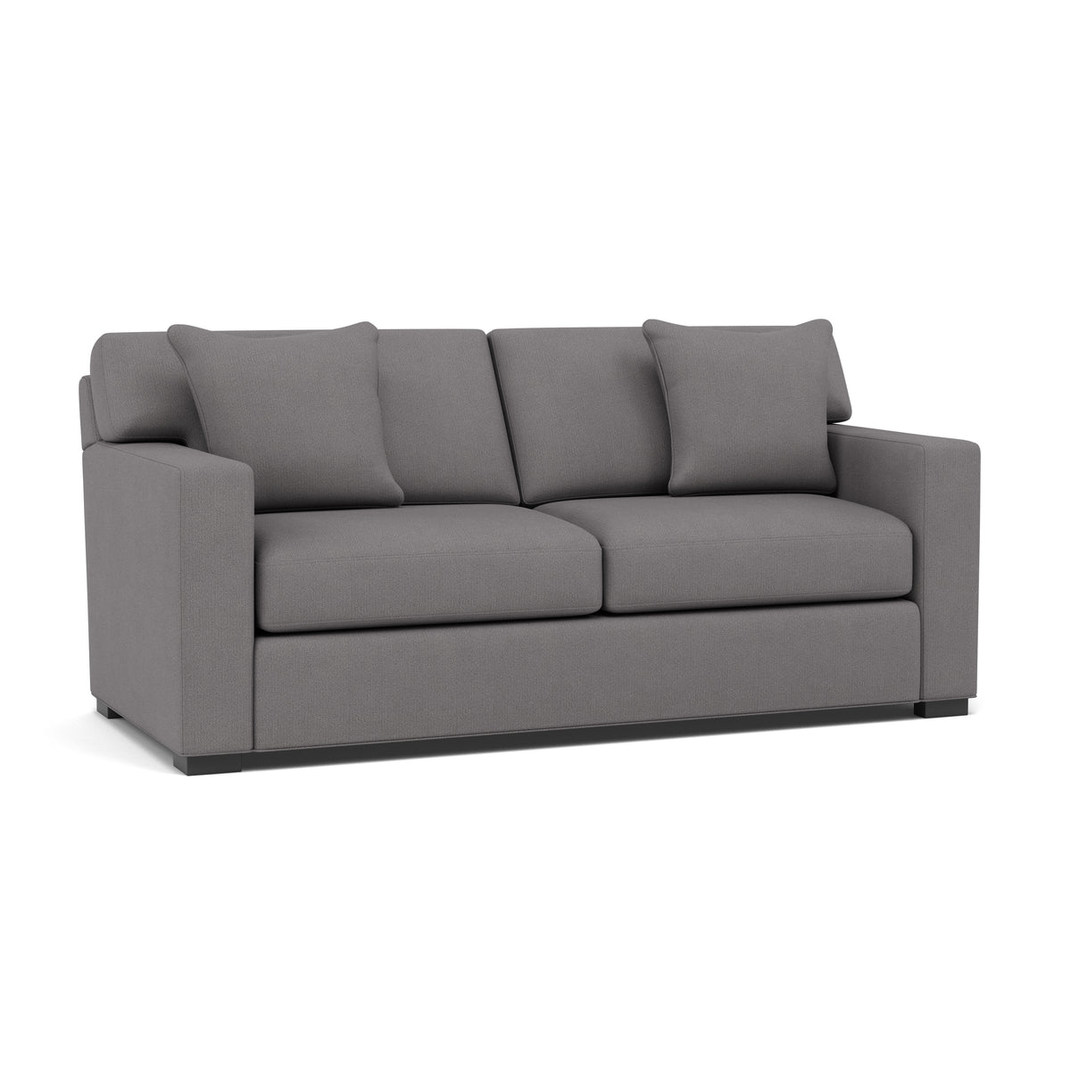 Modern gray fabric sofa with two seat cushions and two back pillows.