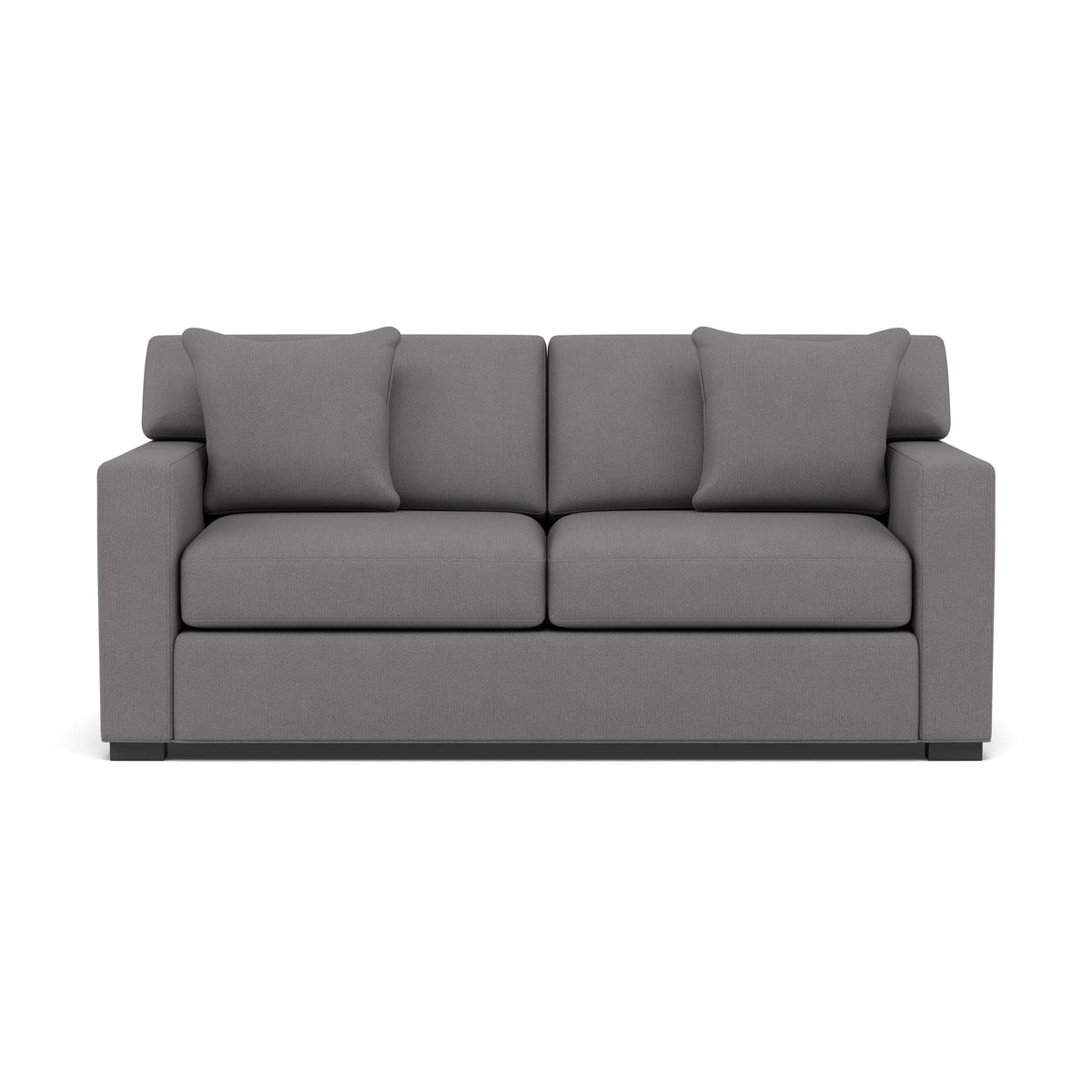 Gray modern sofa with square arms and four cushions, shown from the front on a white background.