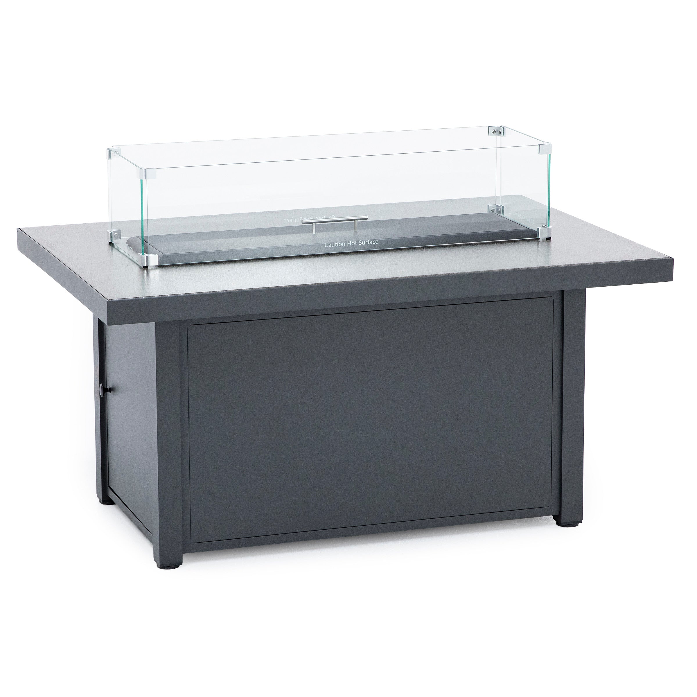 Rectangular outdoor gas fire pit table with glass wind guard.