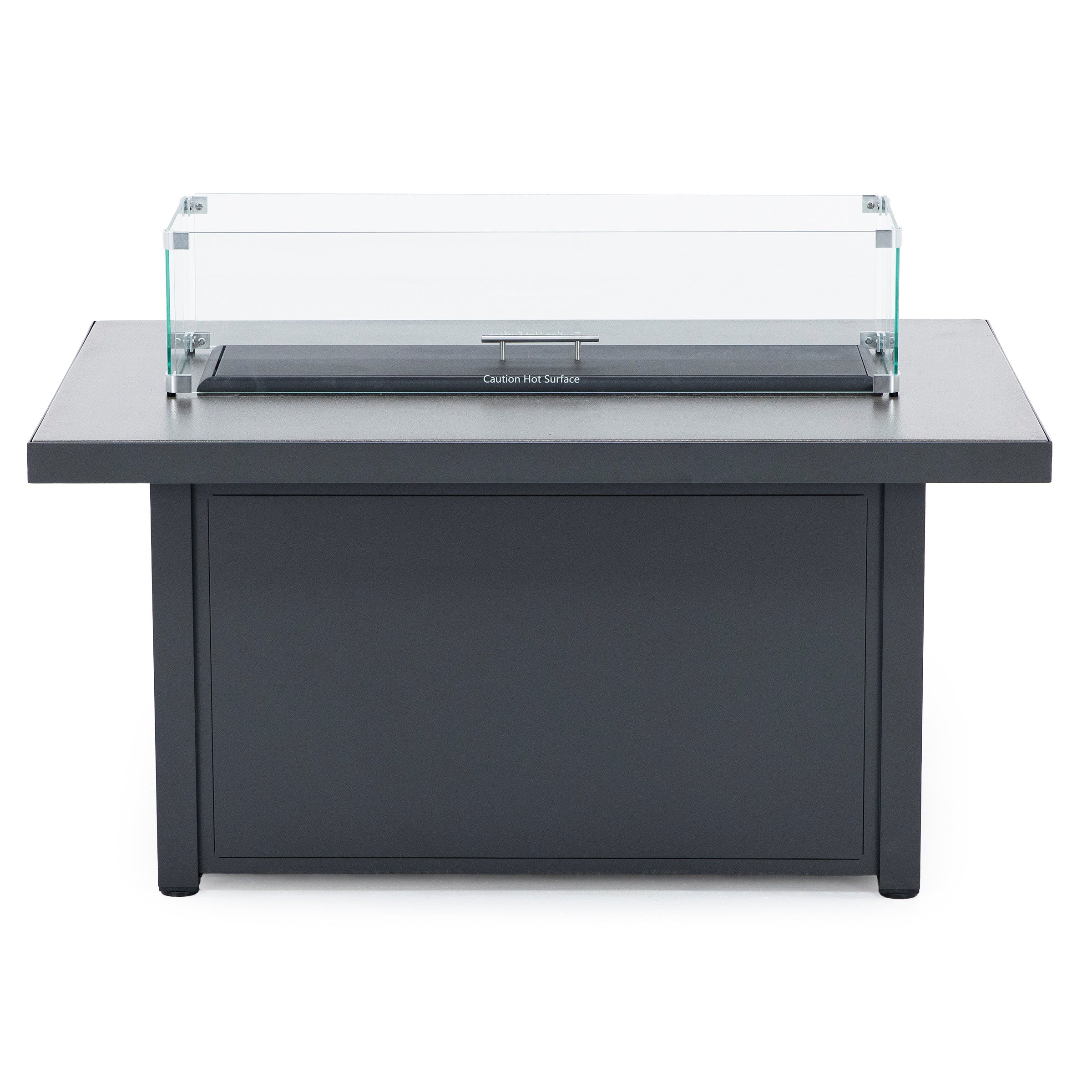 Modern outdoor fire pit table with glass wind guard.