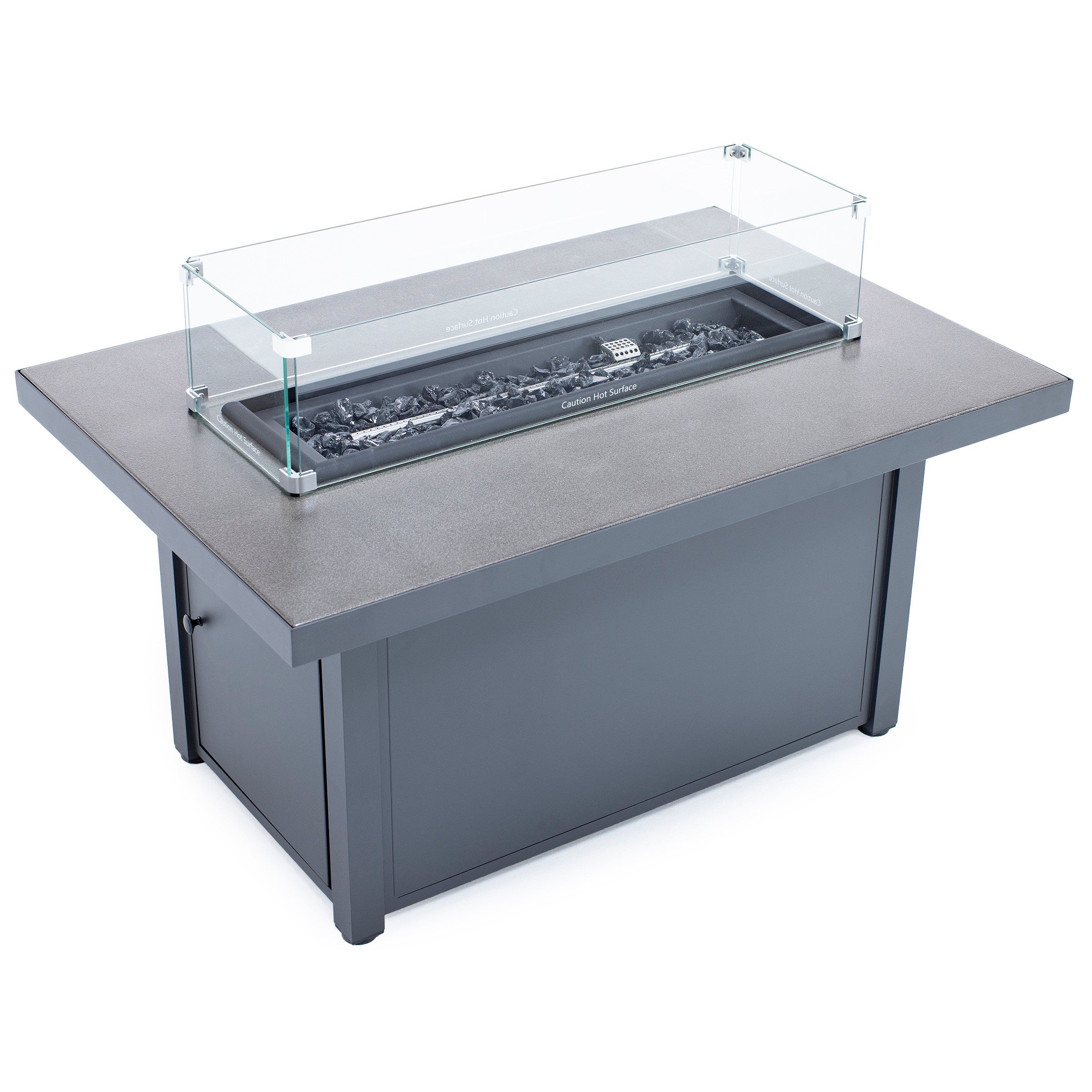 Modern rectangular fire pit table with glass wind guard.