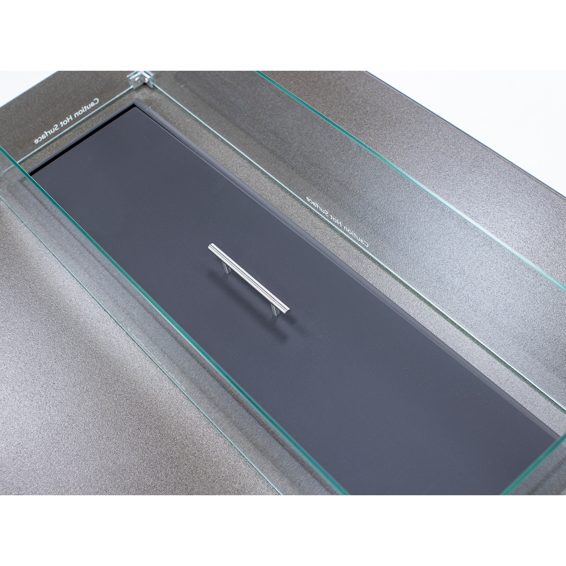 Stainless steel appliance top with a center handle and glass guard rails.