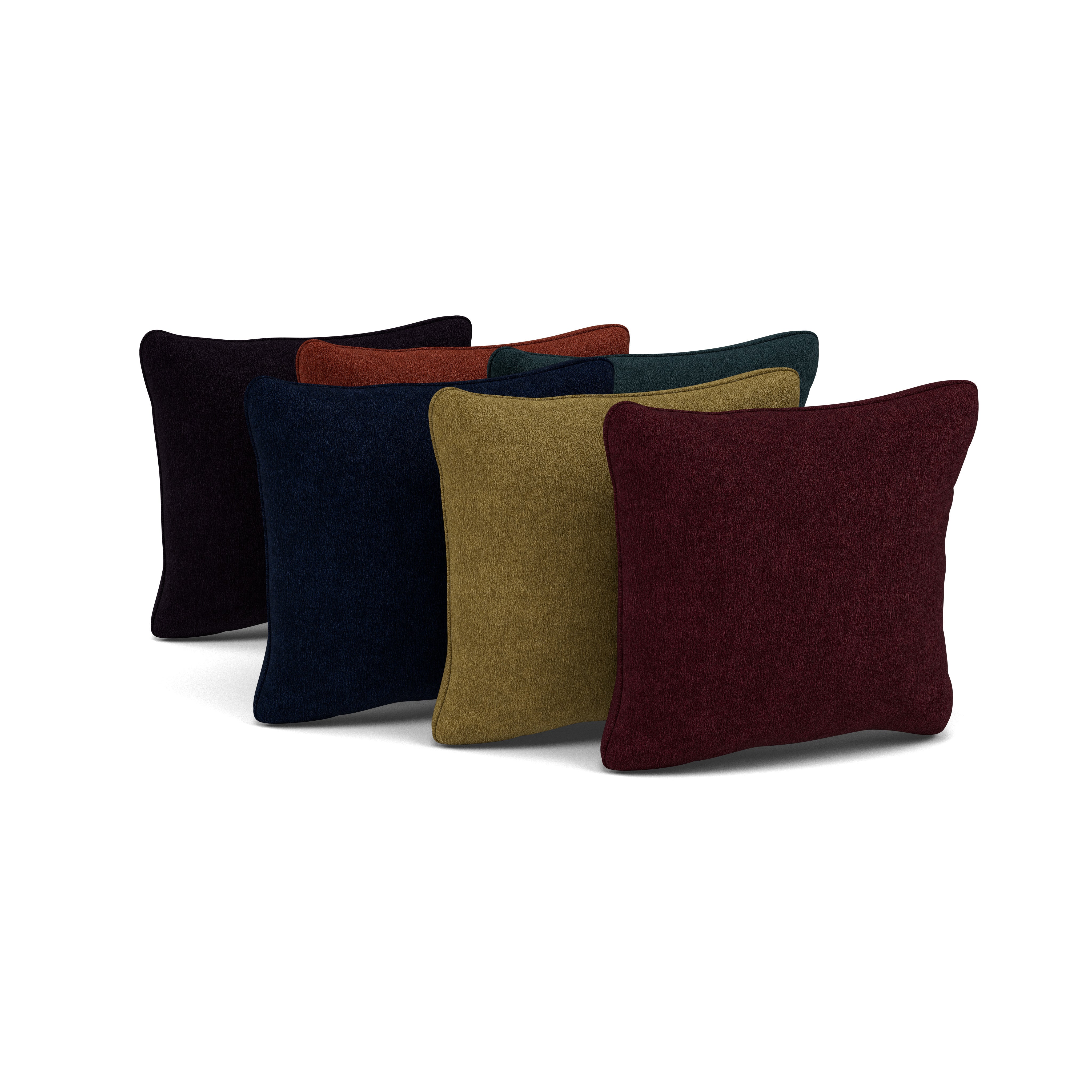 Set of five square throw pillows in assorted solid colors, shown on a white background.