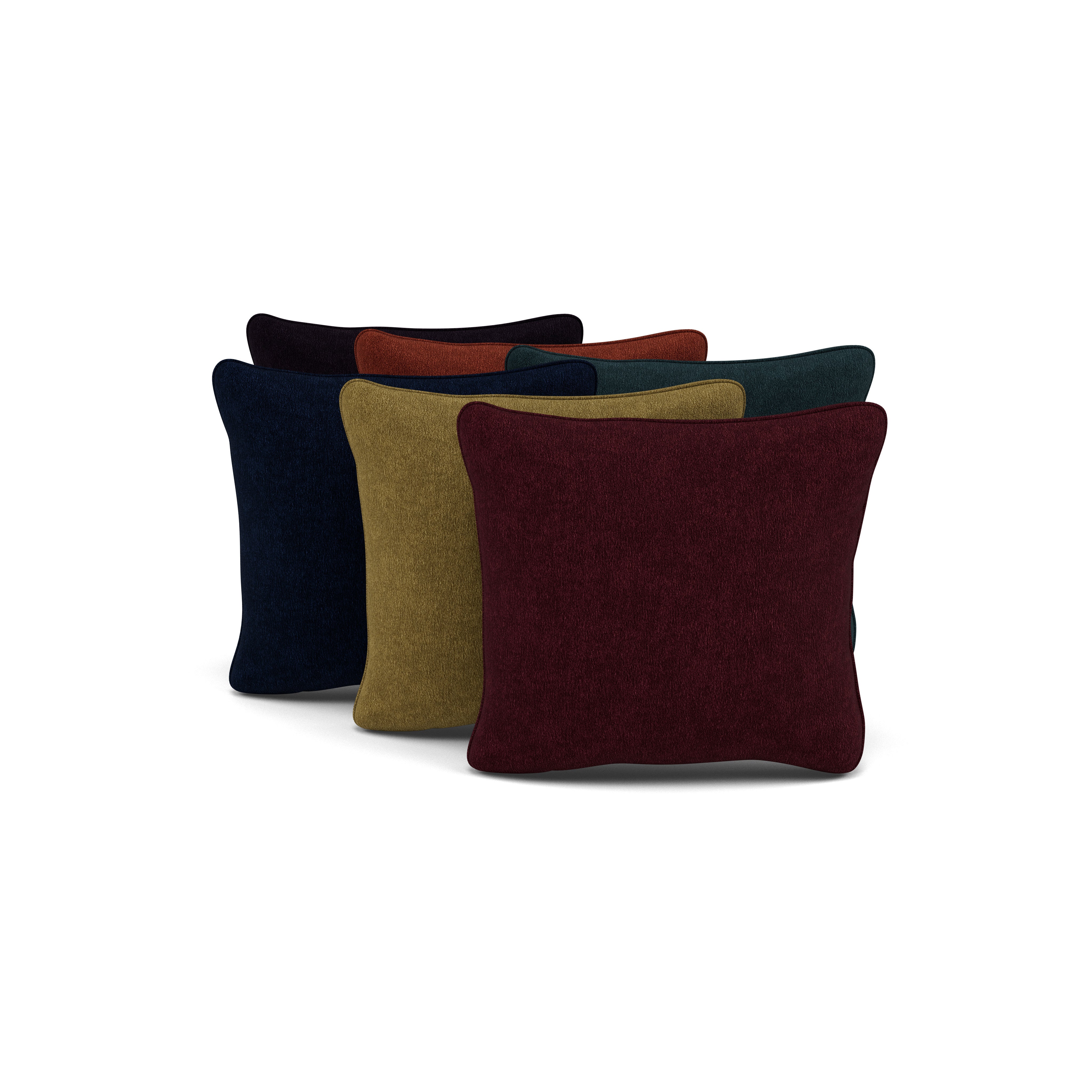 Set of five square pillows in various solid colors, arranged in a row.