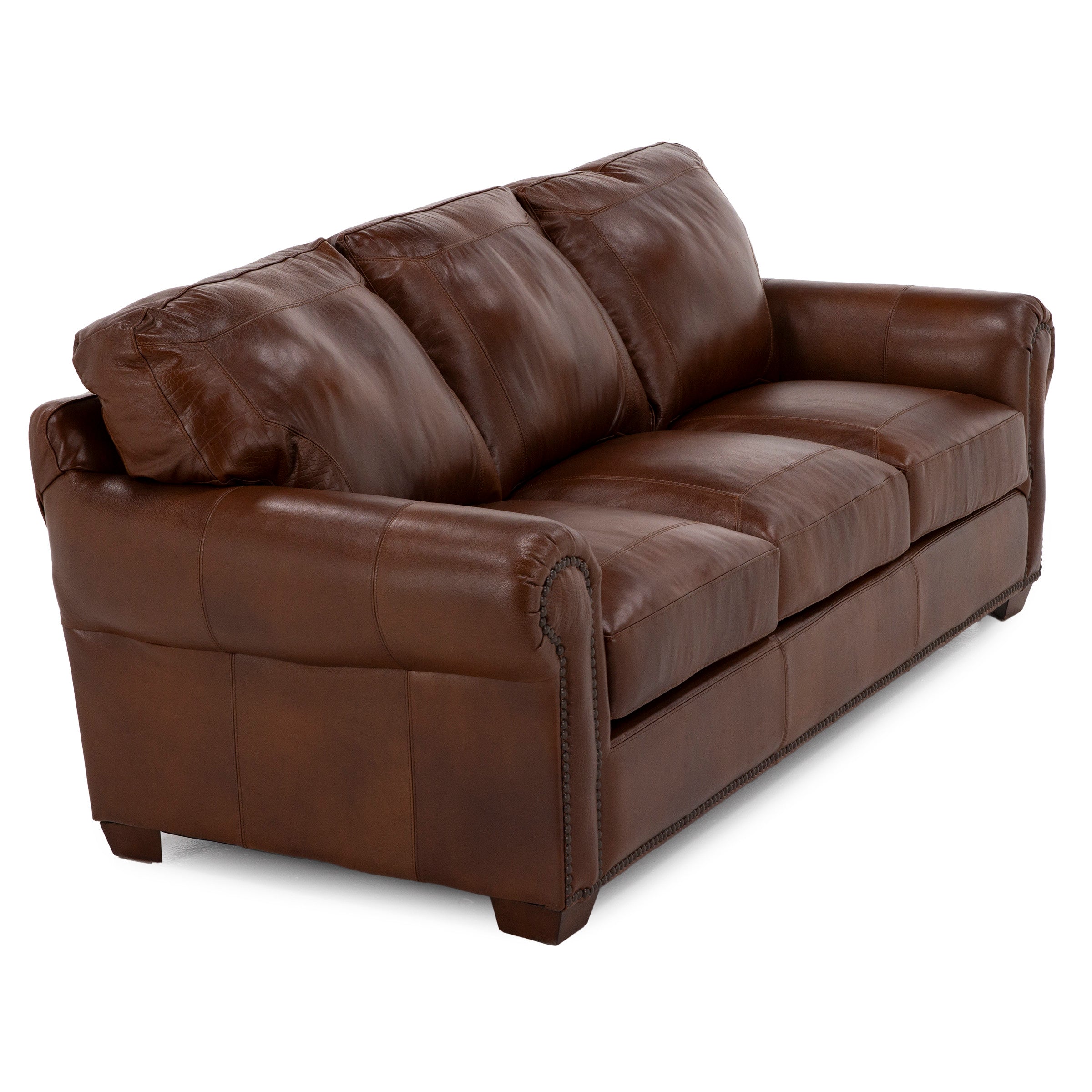 Brown leather sofa with three seat cushions and padded armrests.