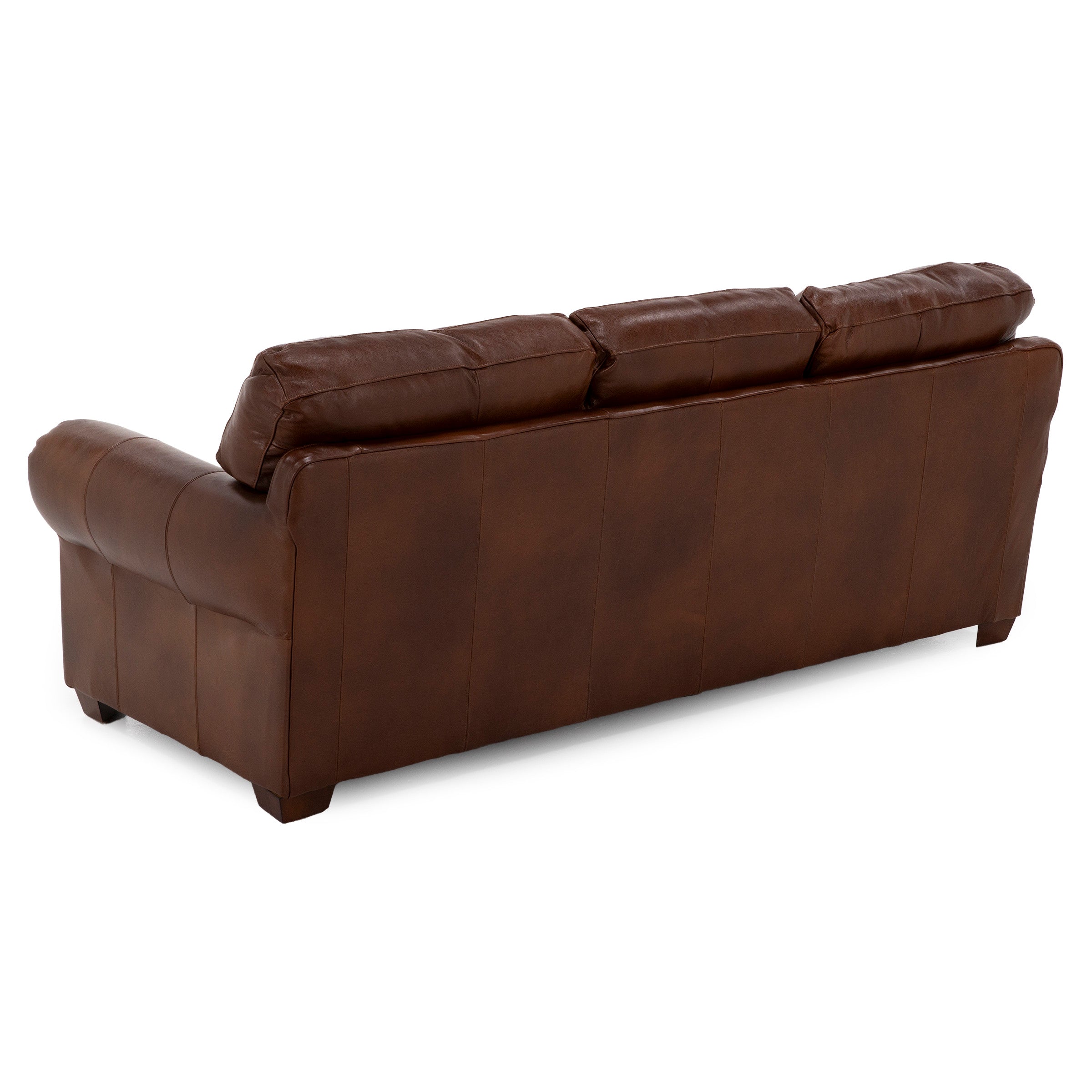 Back view of a brown leather sofa with plush cushions.