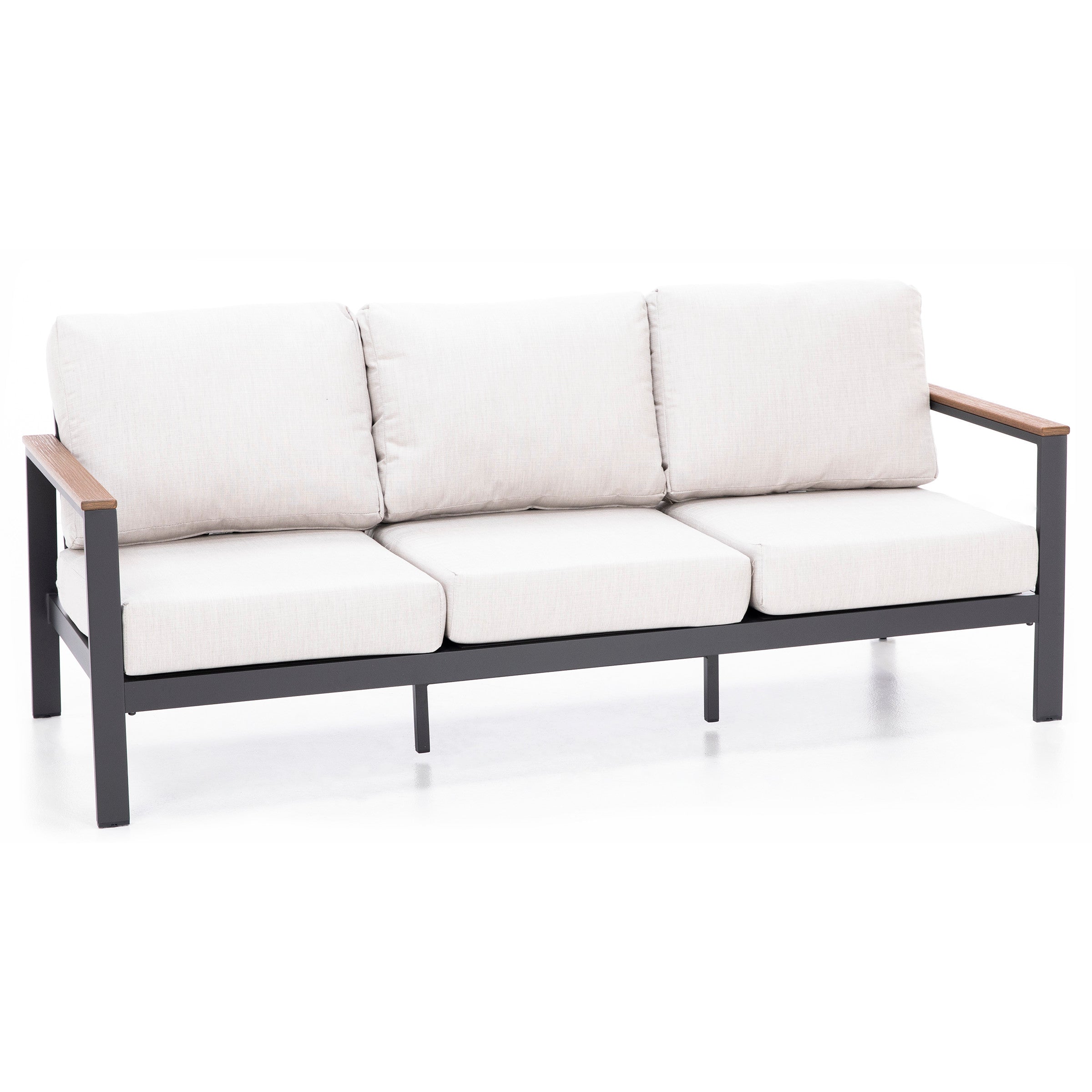 Modern three-seat sofa with light beige cushions and black metal frame.