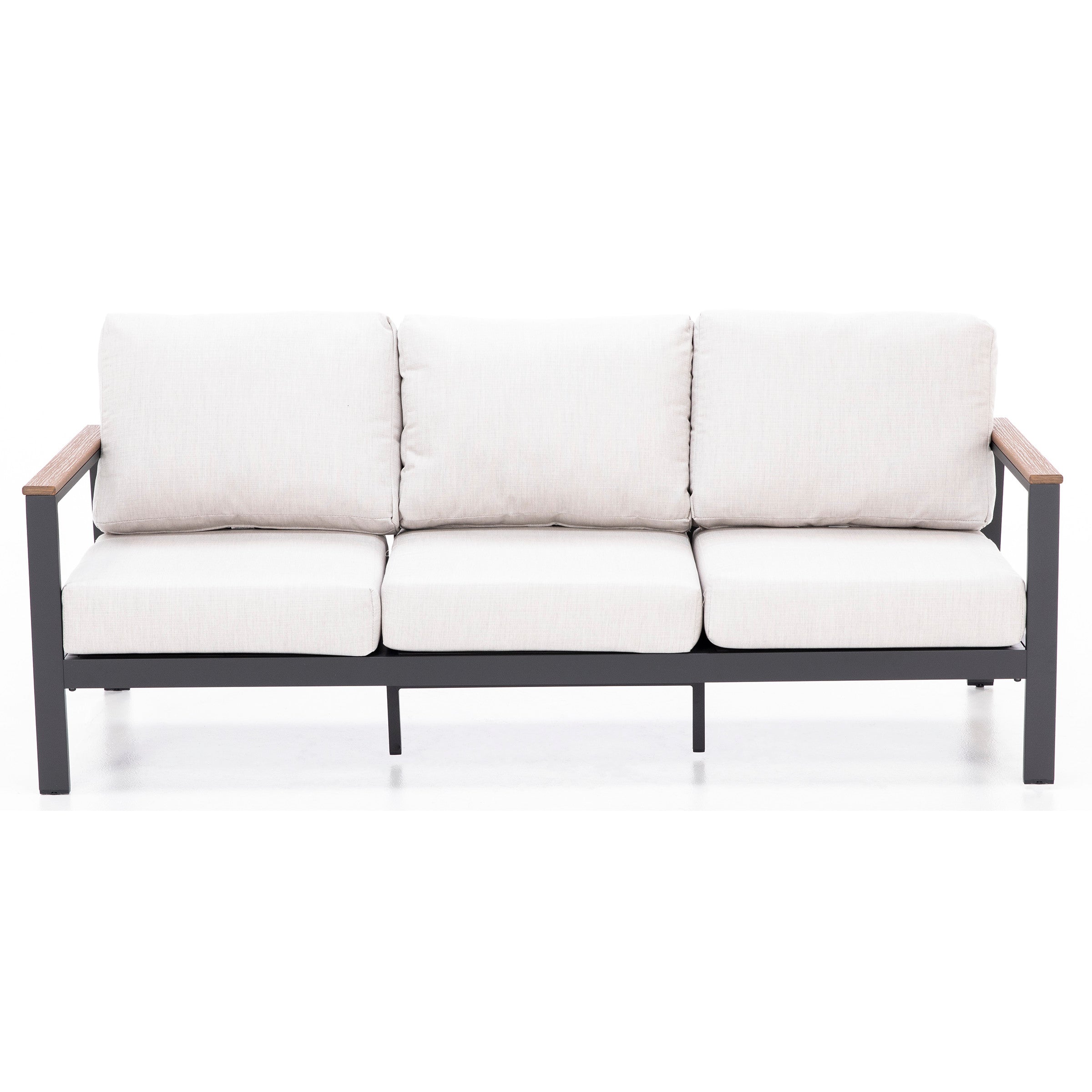 Modern three-seat sofa with light cushions and black metal frame.