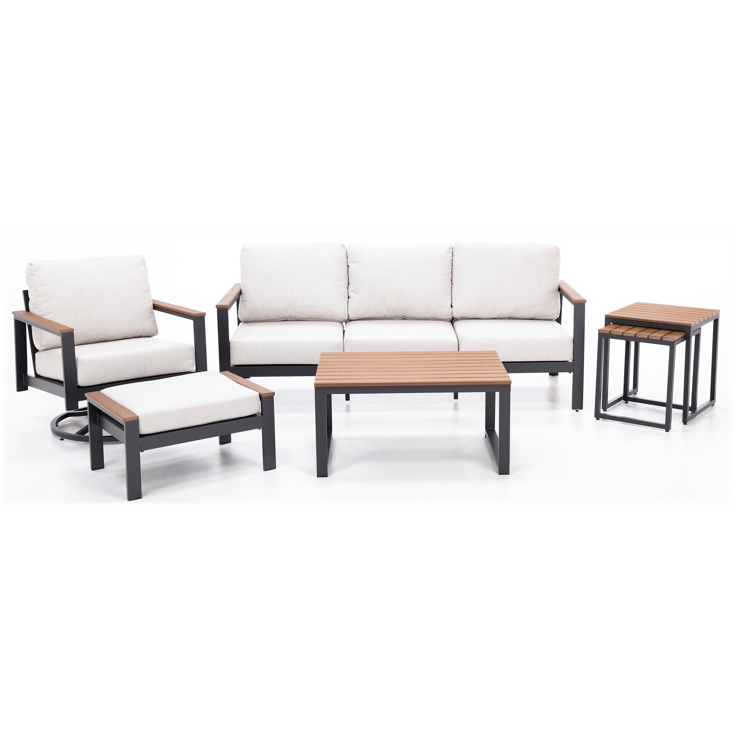 Modern outdoor patio furniture set with light cushions and wood-accented tables.