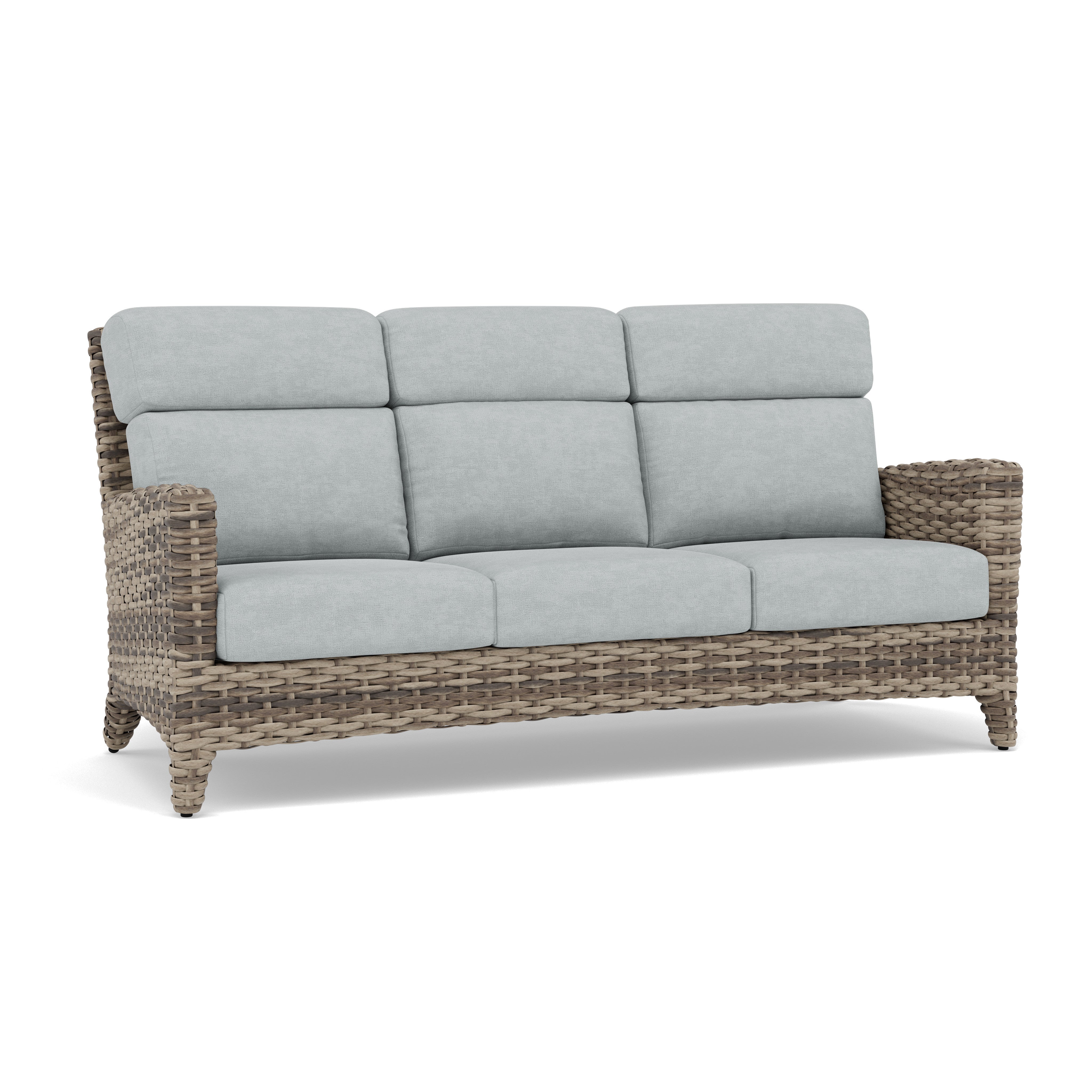 Woven outdoor sofa with light gray cushions, seats three people.