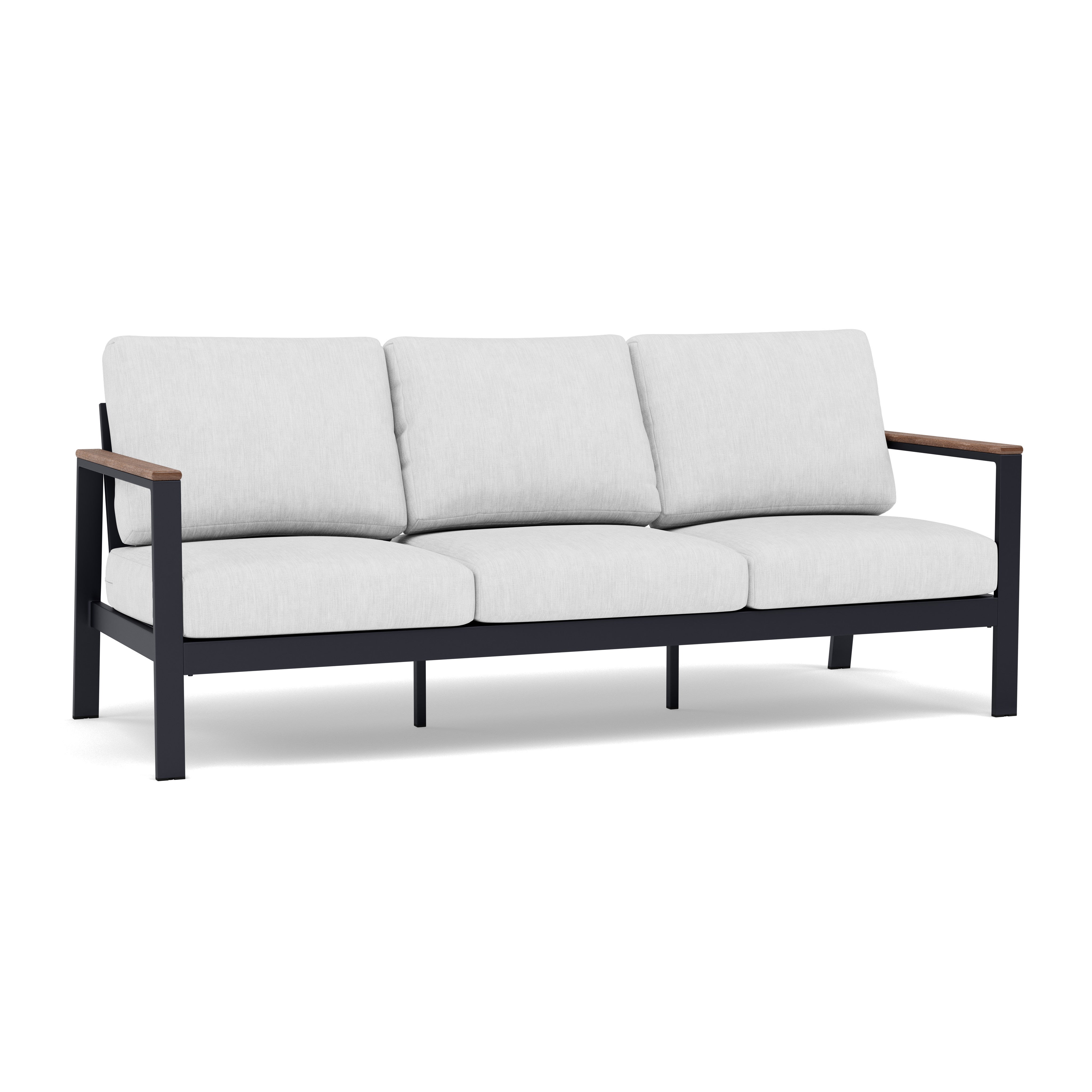 Modern outdoor sofa with light gray cushions and black metal frame.