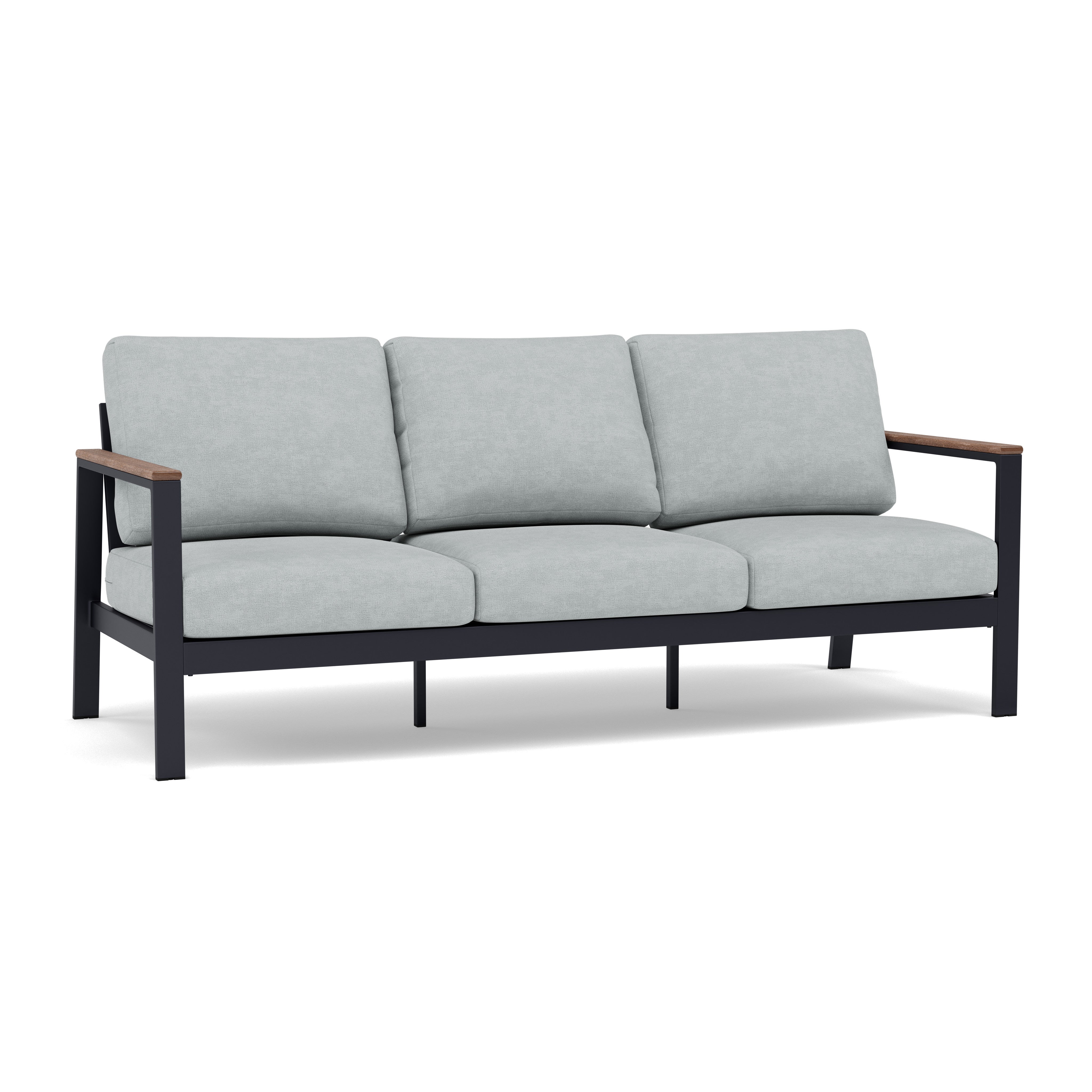 Three-seat outdoor sofa with light gray cushions and black metal frame.