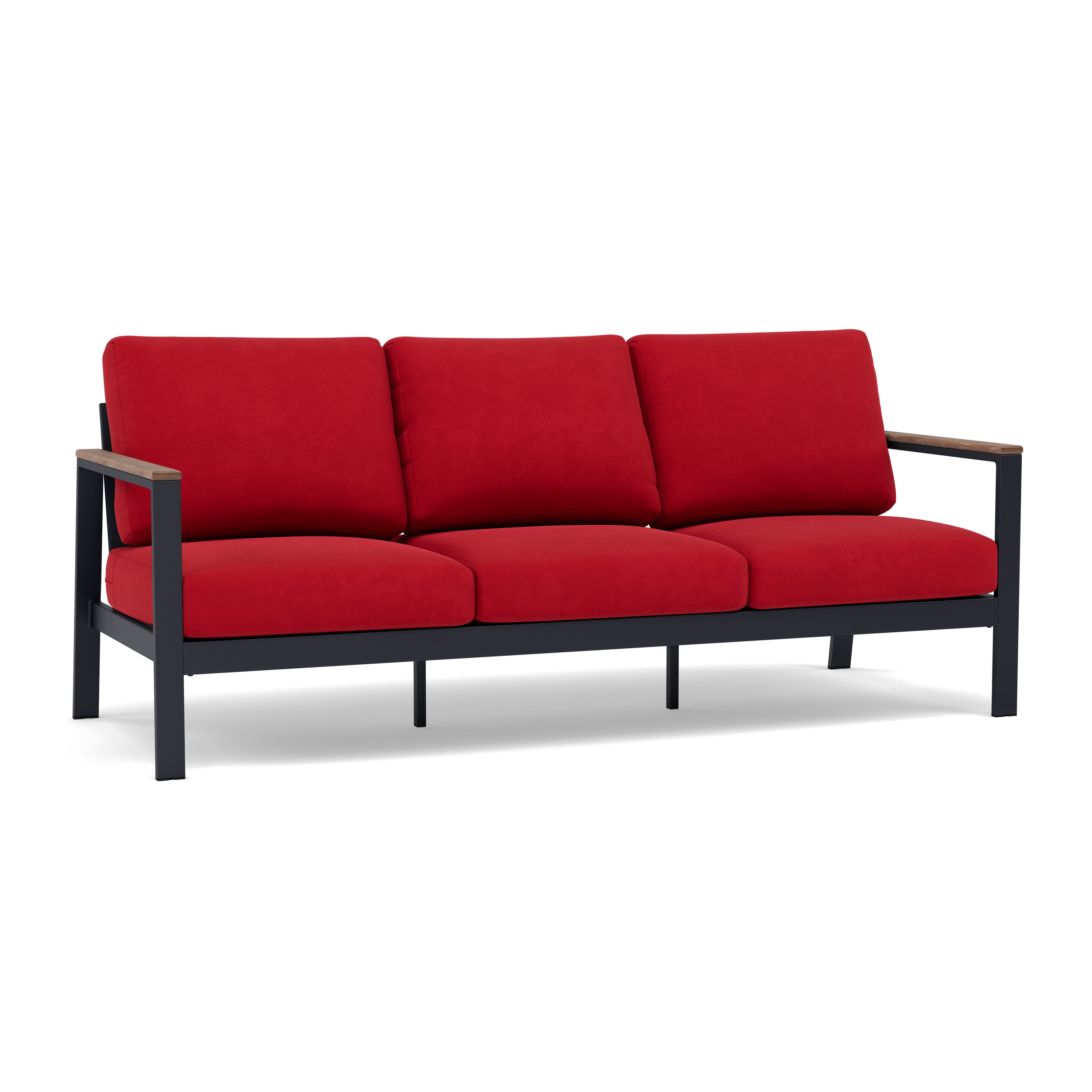 Modern outdoor sofa with red cushions and black frame.