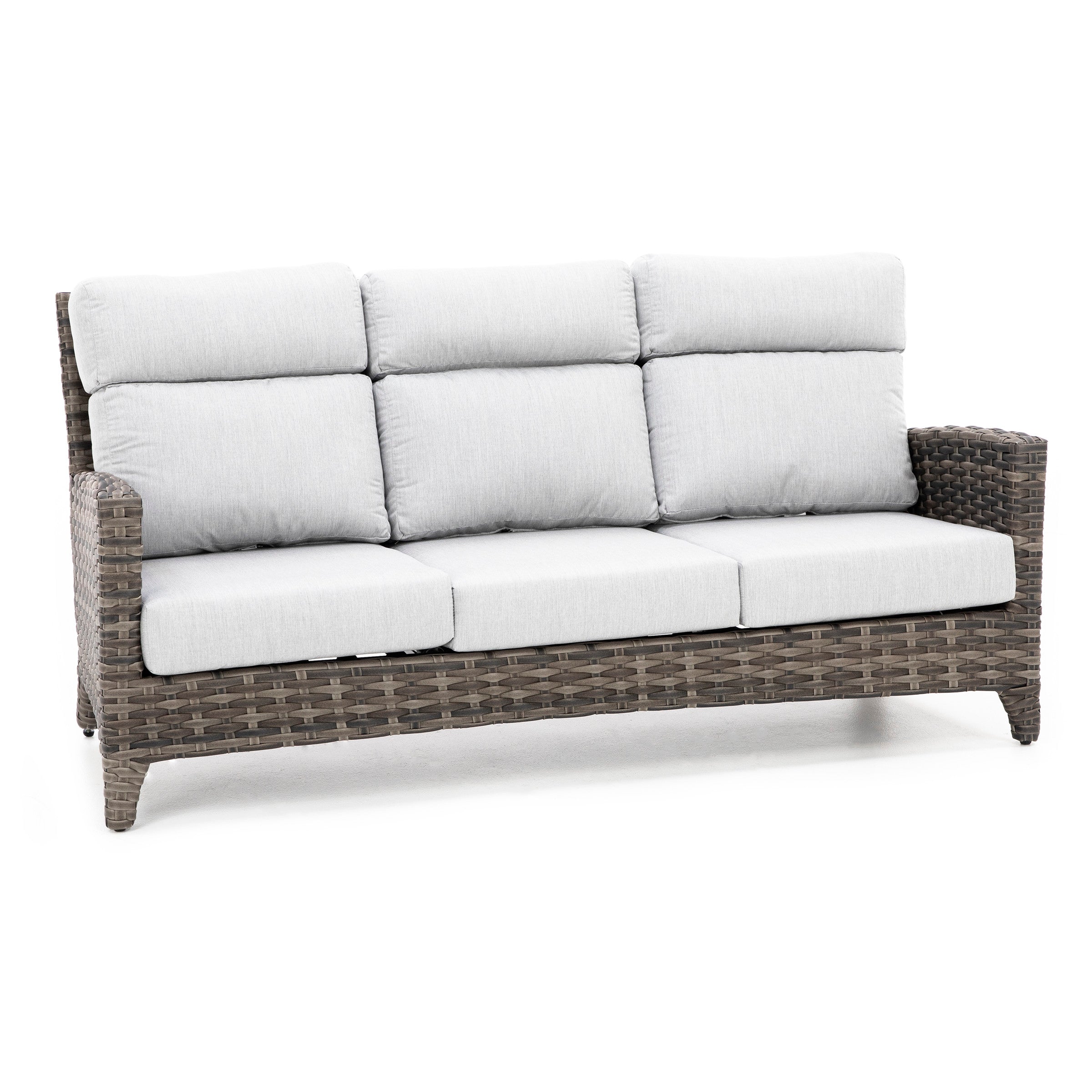 Gray wicker outdoor sofa with light gray cushions.