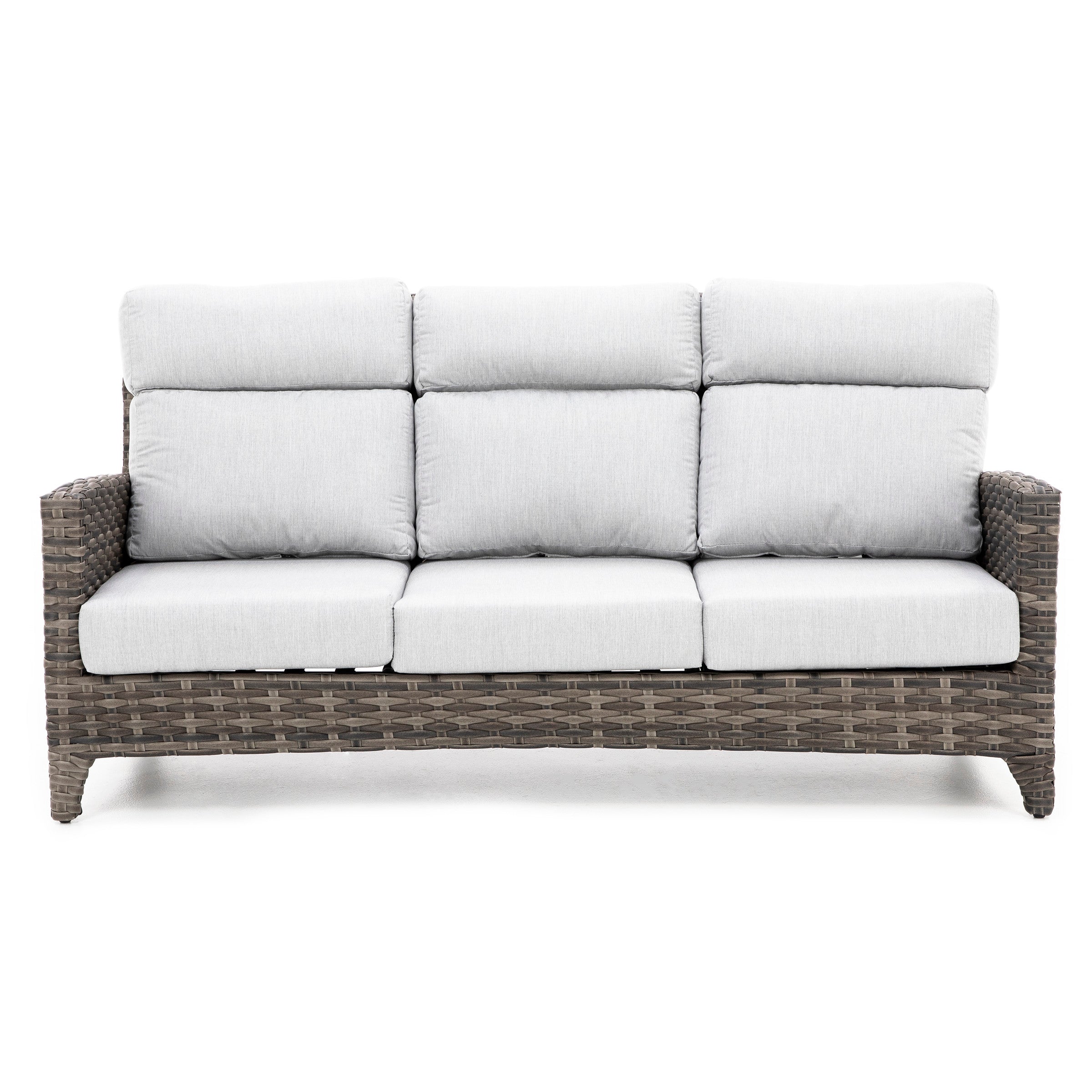 Wicker outdoor sofa with light gray cushions, suitable for patio or garden seating.