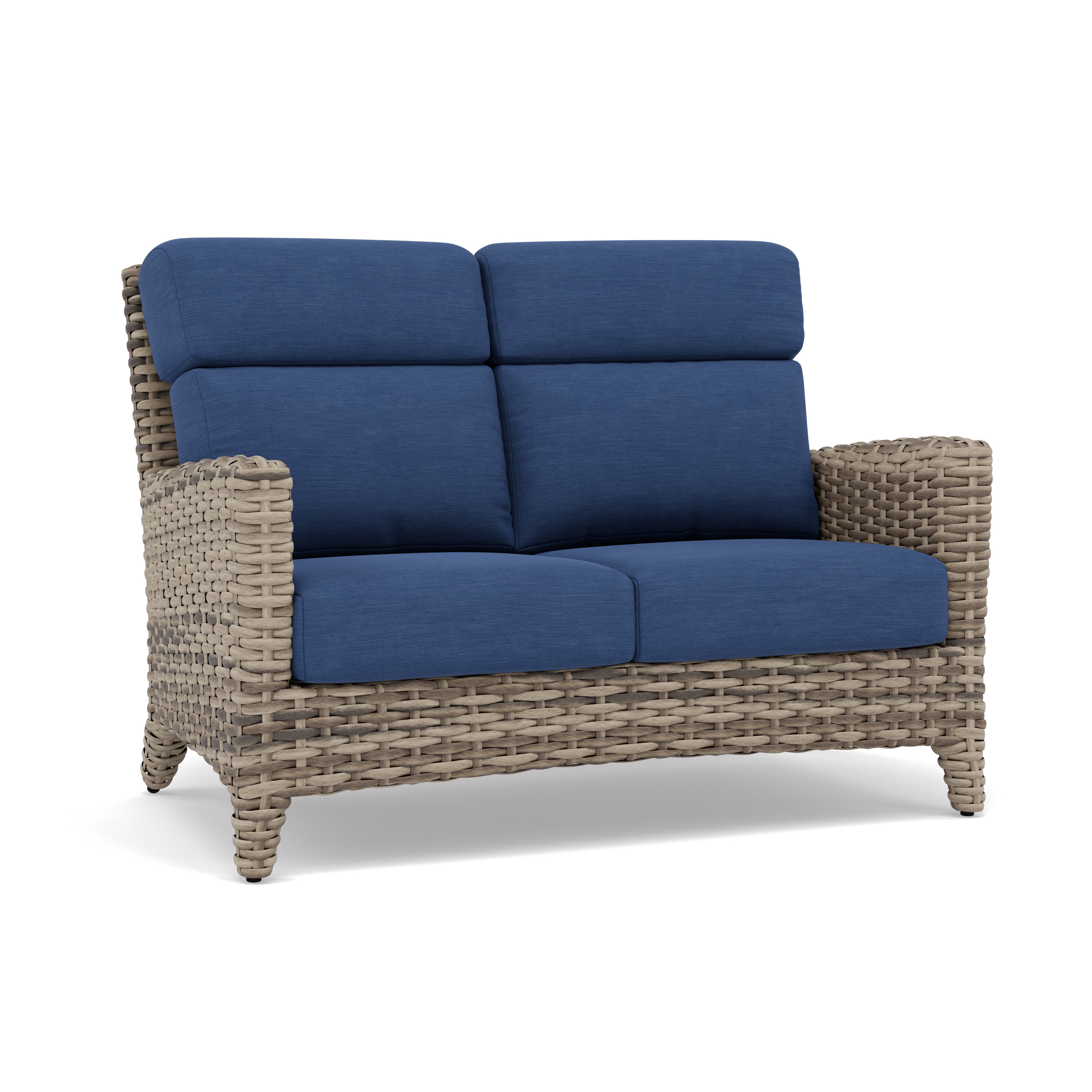 Wicker loveseat with blue cushions, suitable for outdoor seating.