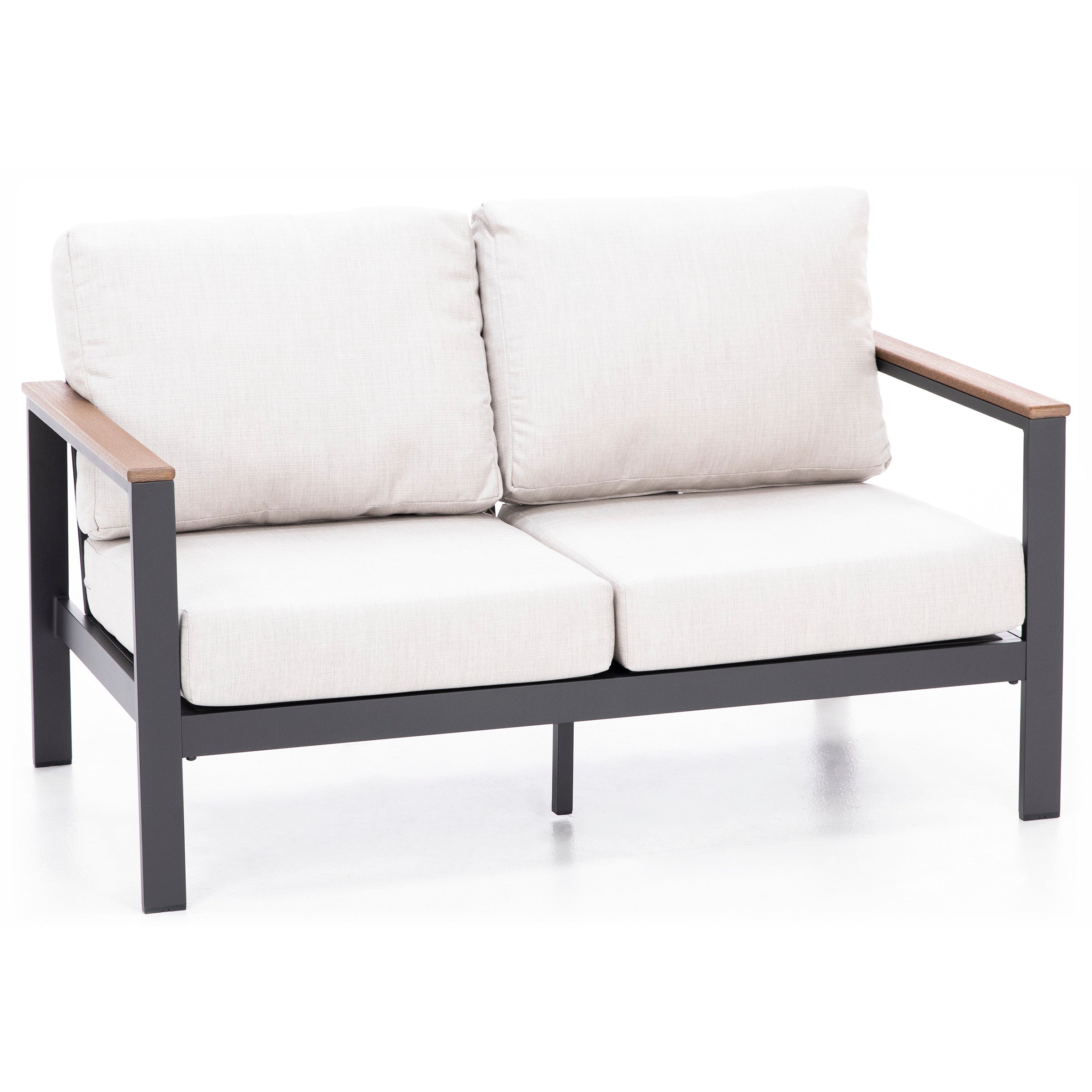 Modern outdoor loveseat with light beige cushions, black metal frame, and wooden armrests.