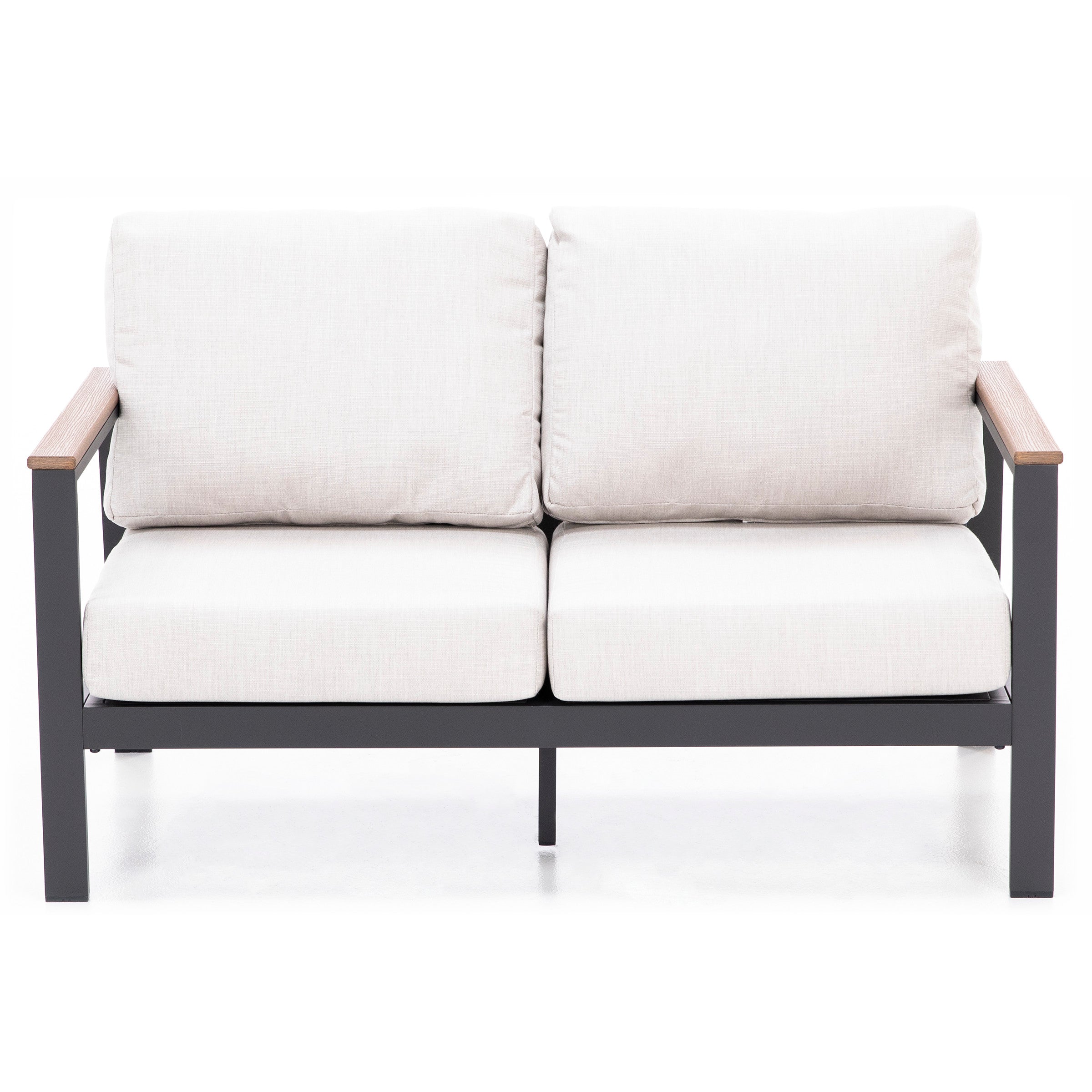 Modern loveseat with light beige cushions and black metal frame, front view.