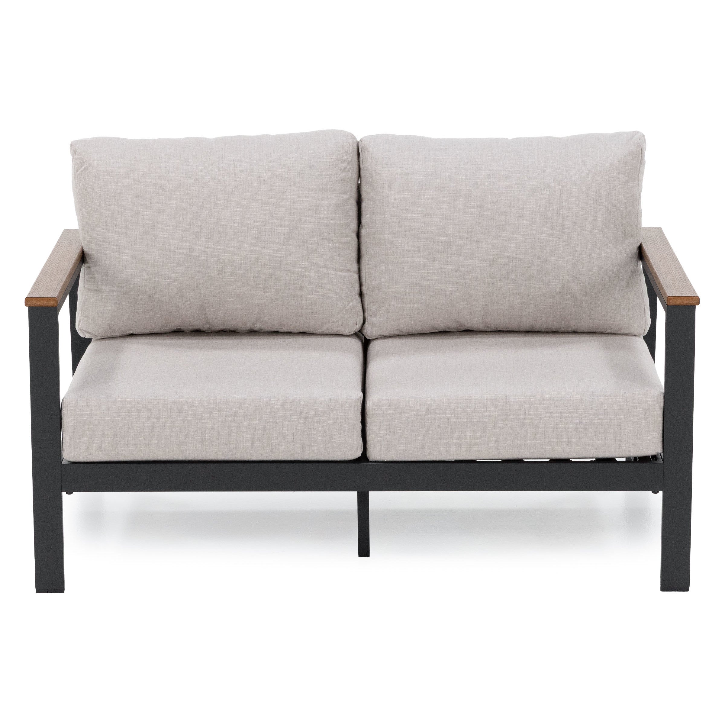 Modern outdoor loveseat with light gray cushions and black metal frame.