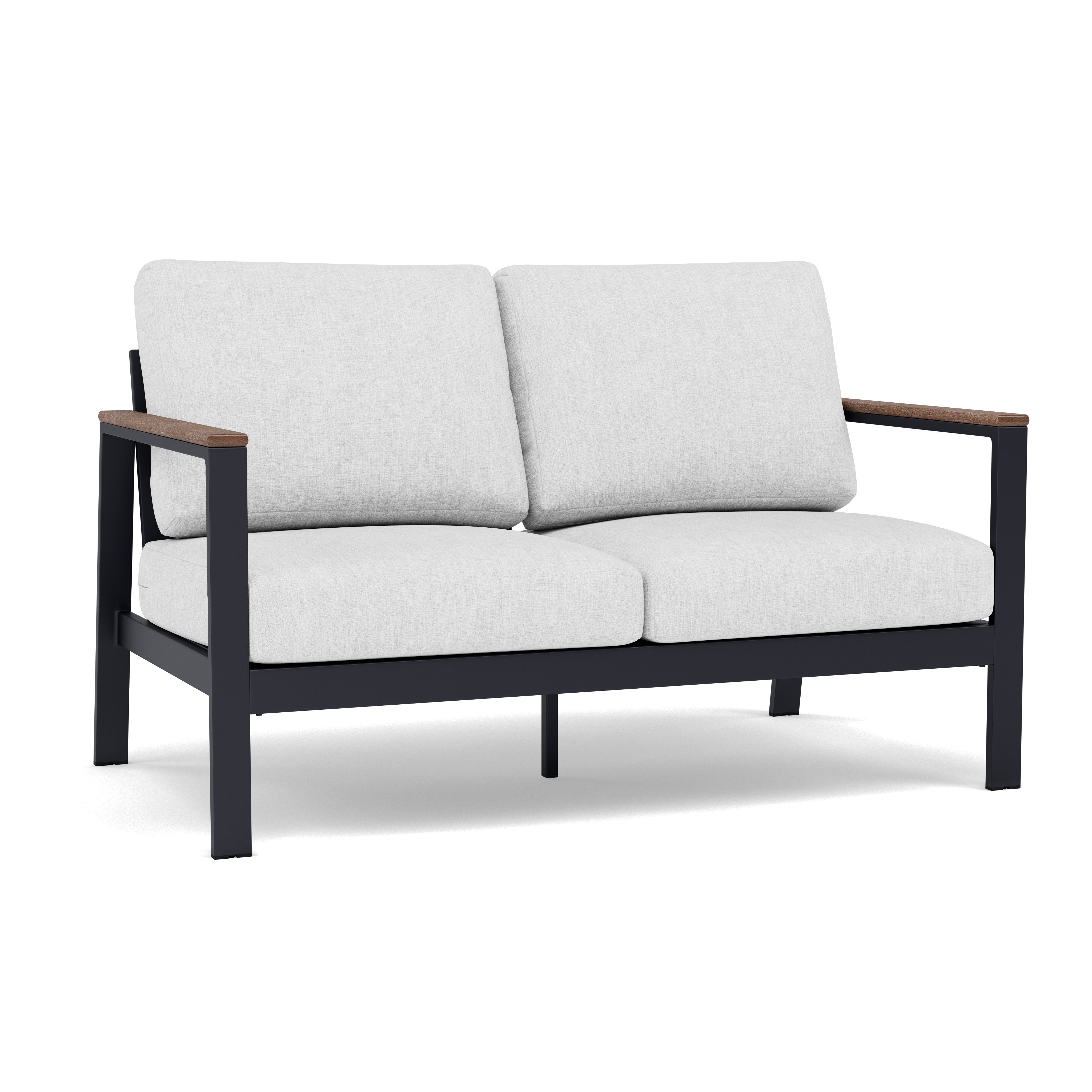 Modern outdoor loveseat with white cushions and black metal frame, wooden armrests.