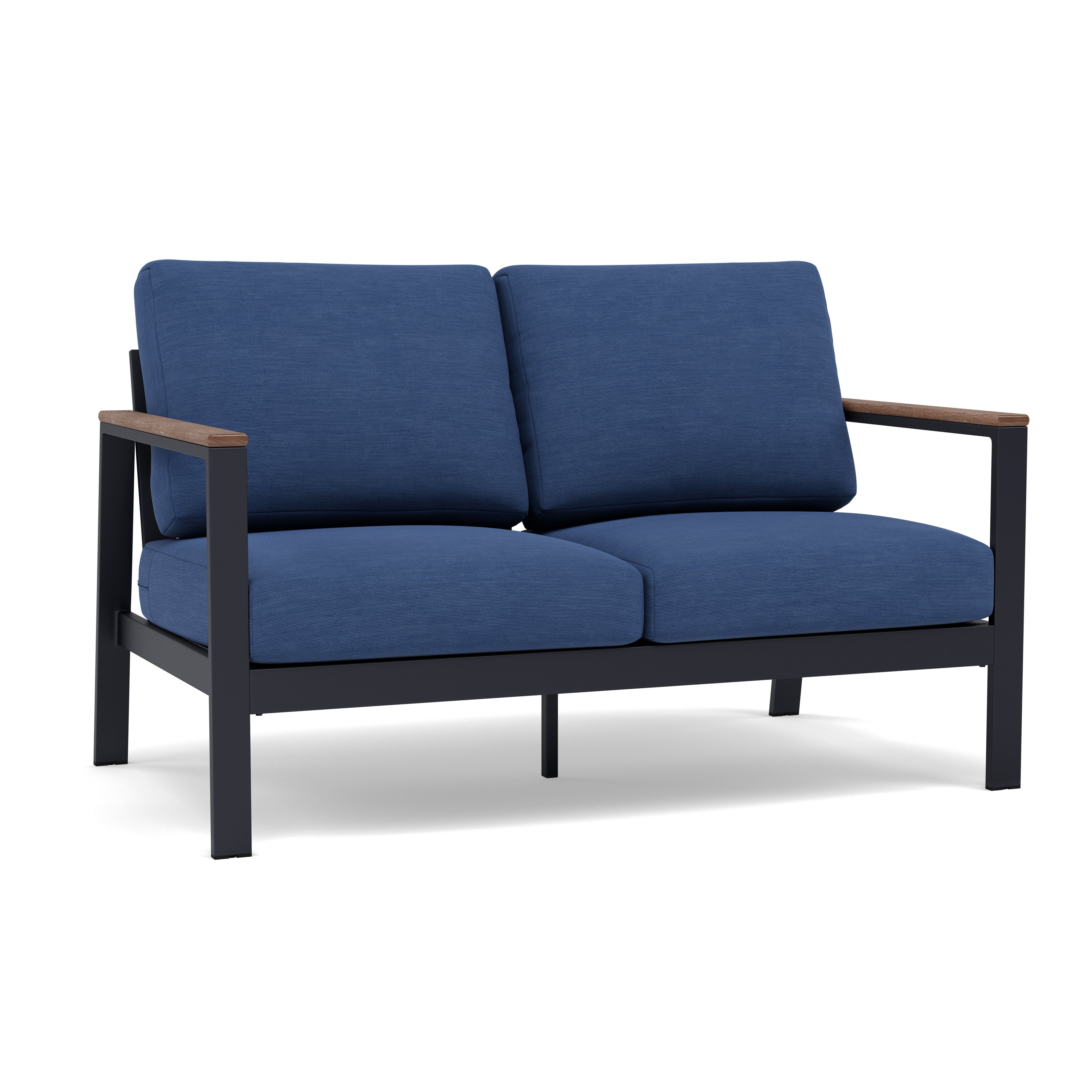 Modern loveseat with blue cushions, black metal frame, and wood armrests.