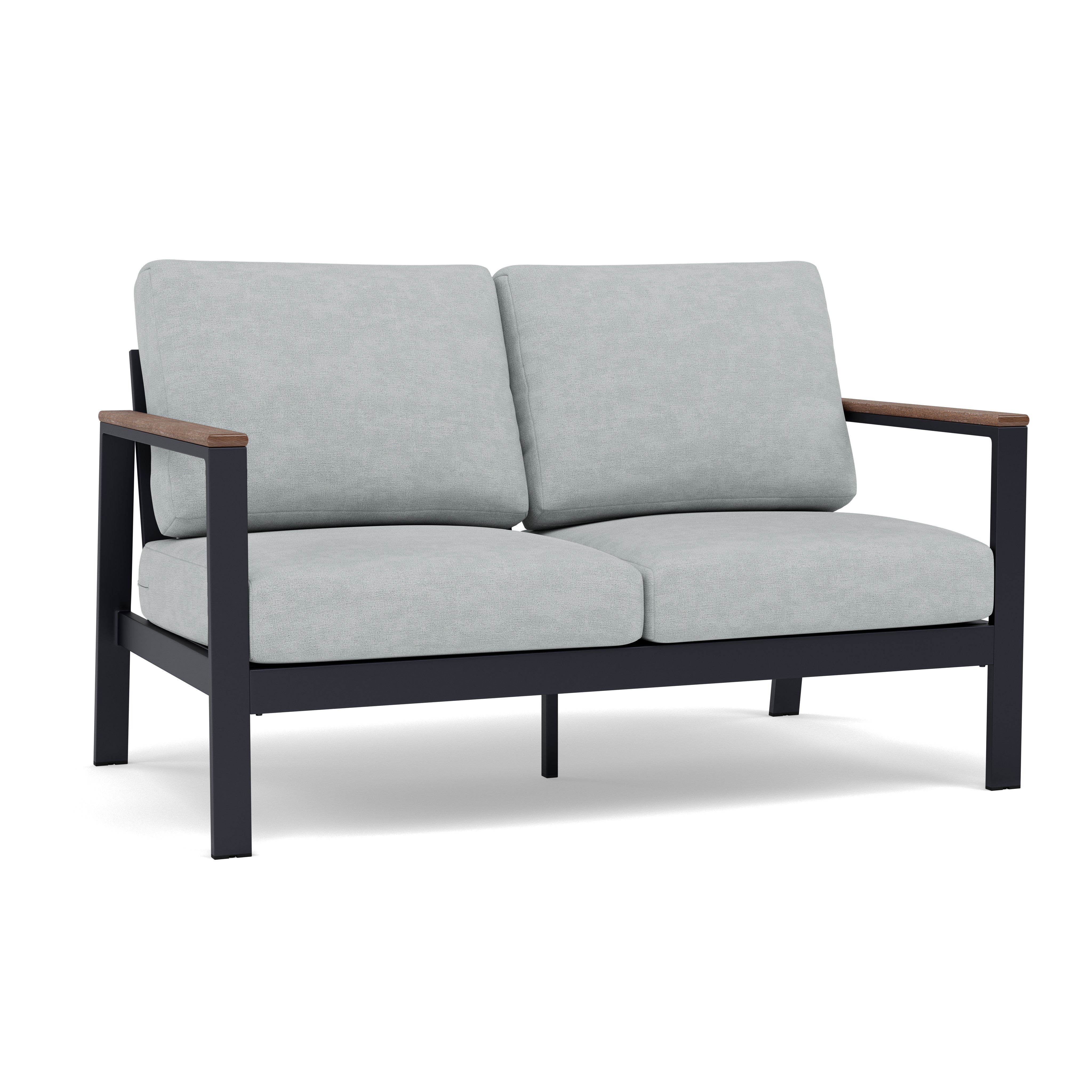 Modern outdoor loveseat with light gray cushions and black metal frame.