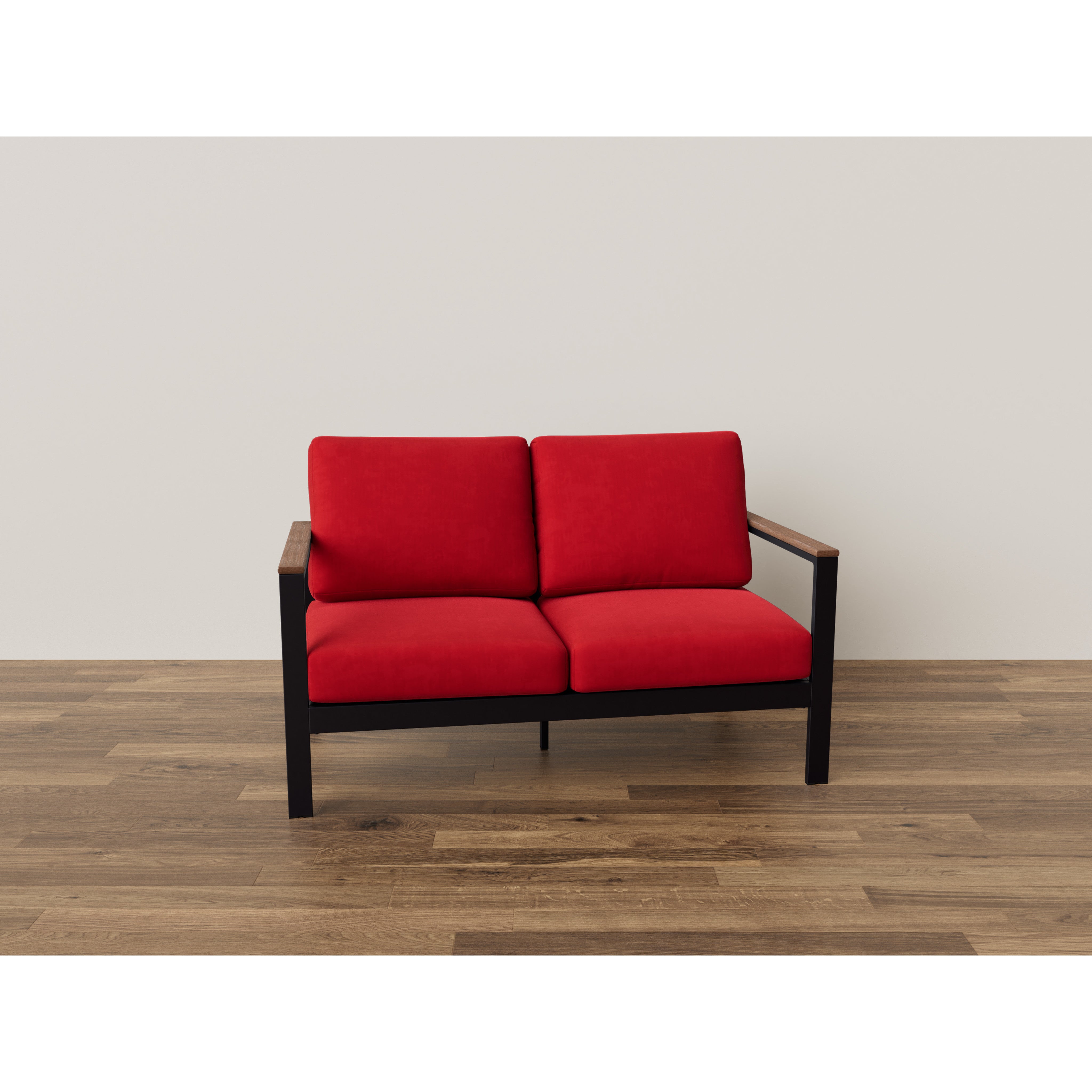 Modern red loveseat with black metal frame and wooden arms on a wood floor.