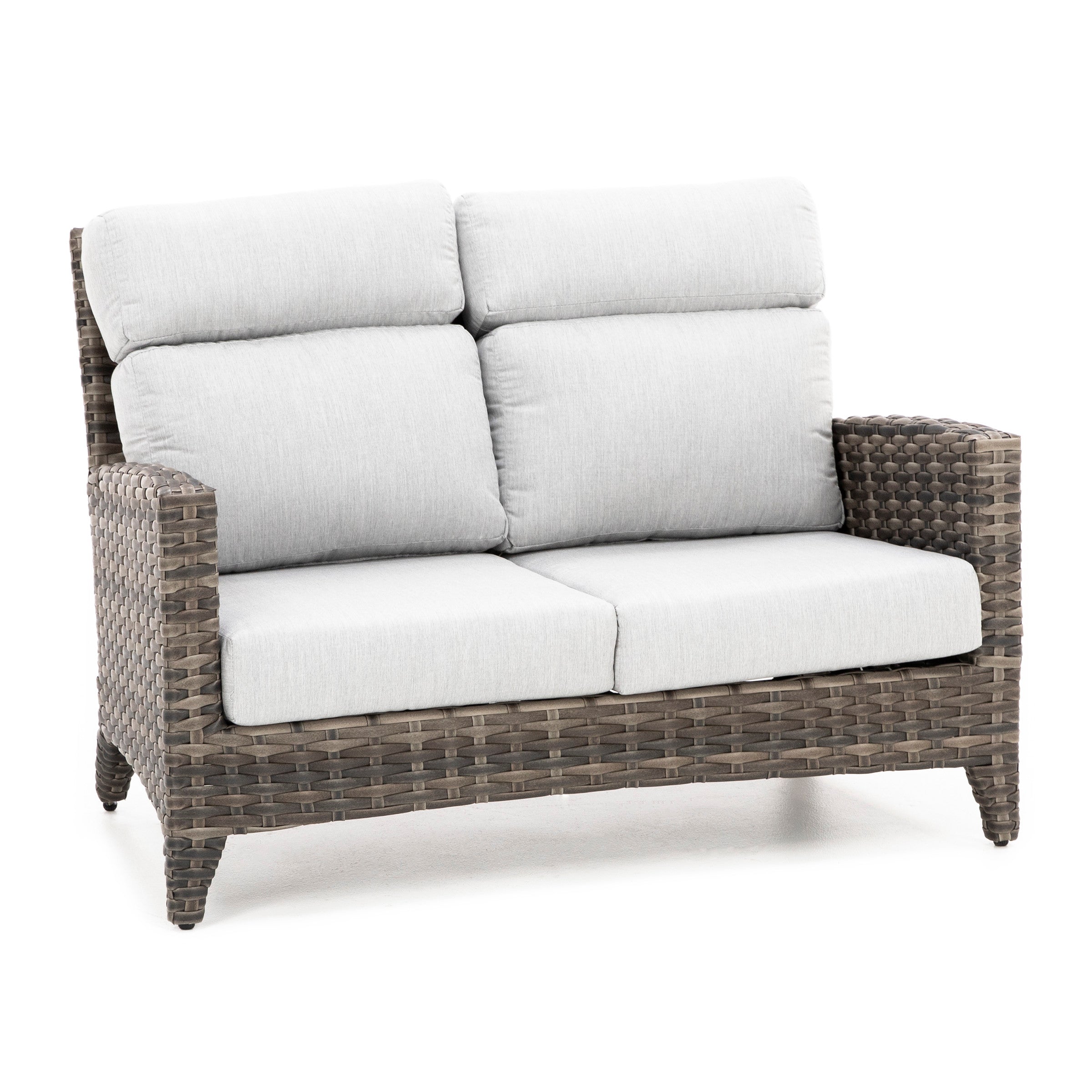 Light gray cushioned outdoor loveseat with woven rattan frame and armrests.