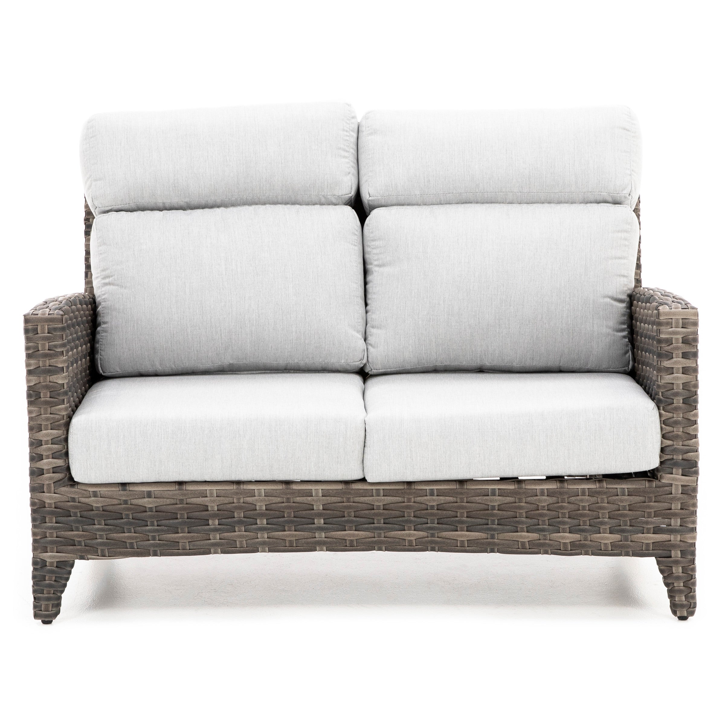 Wicker outdoor loveseat with light gray cushions, front view.