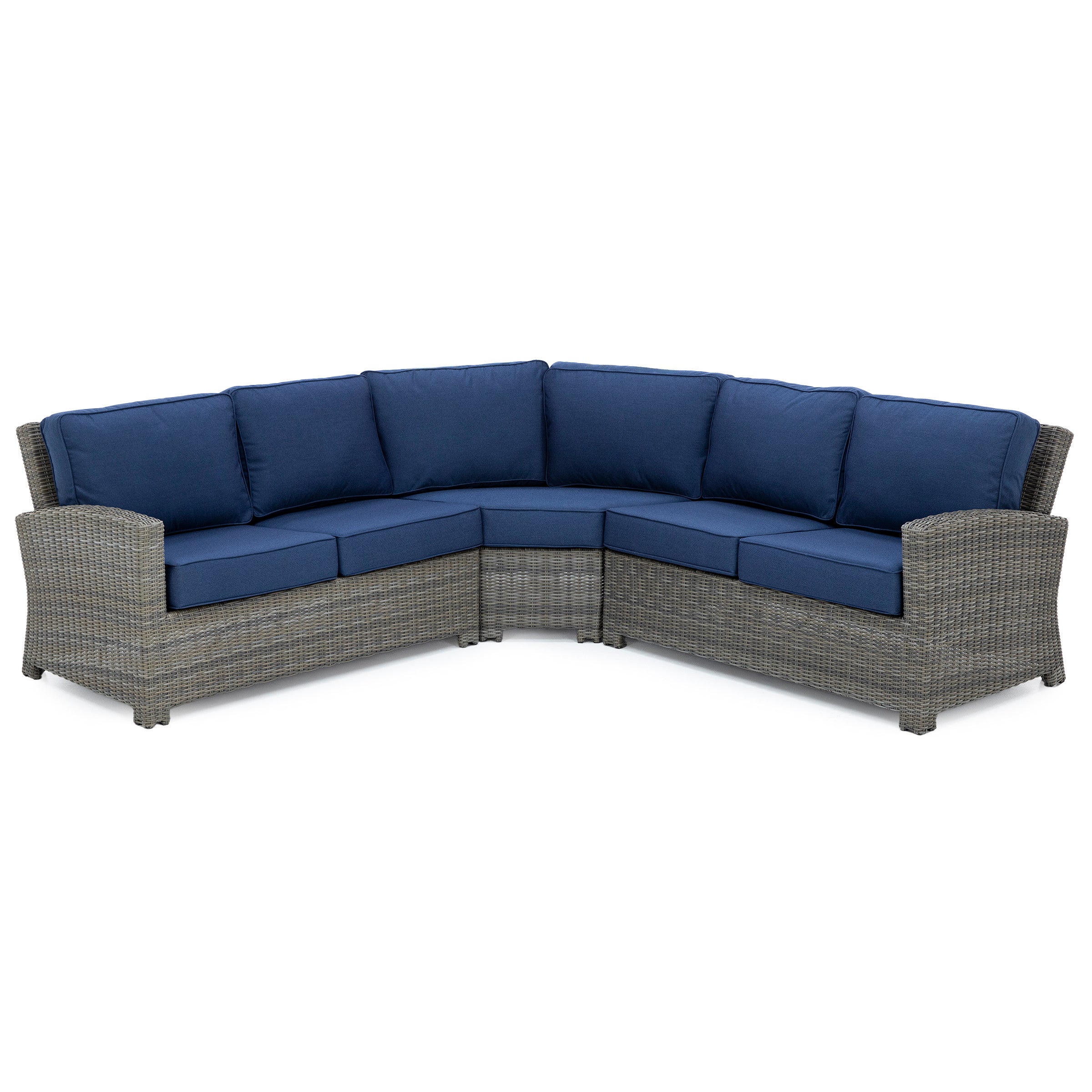 Outdoor corner sectional sofa with gray wicker frame and blue cushions.