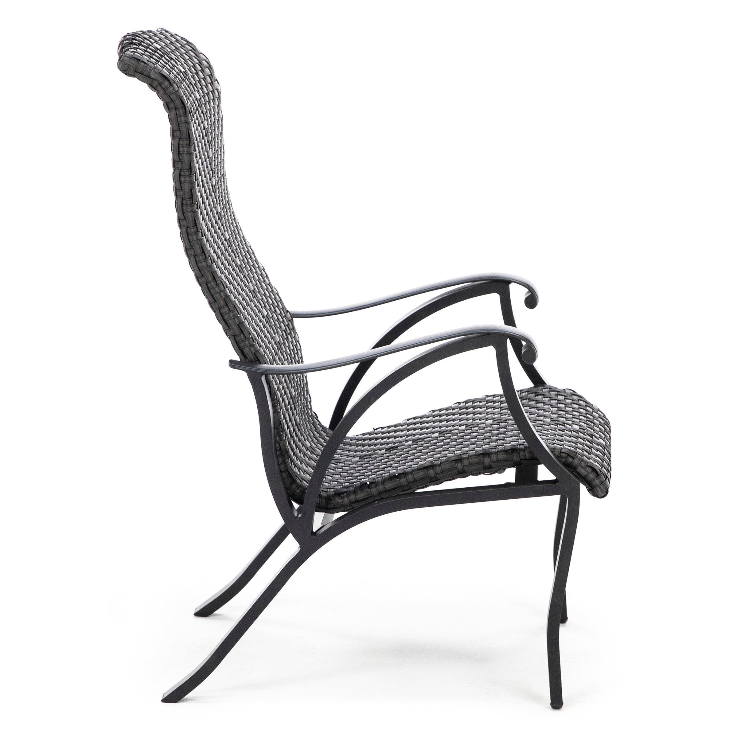 Side view of a modern outdoor lounge chair with woven seat and back on a white background.