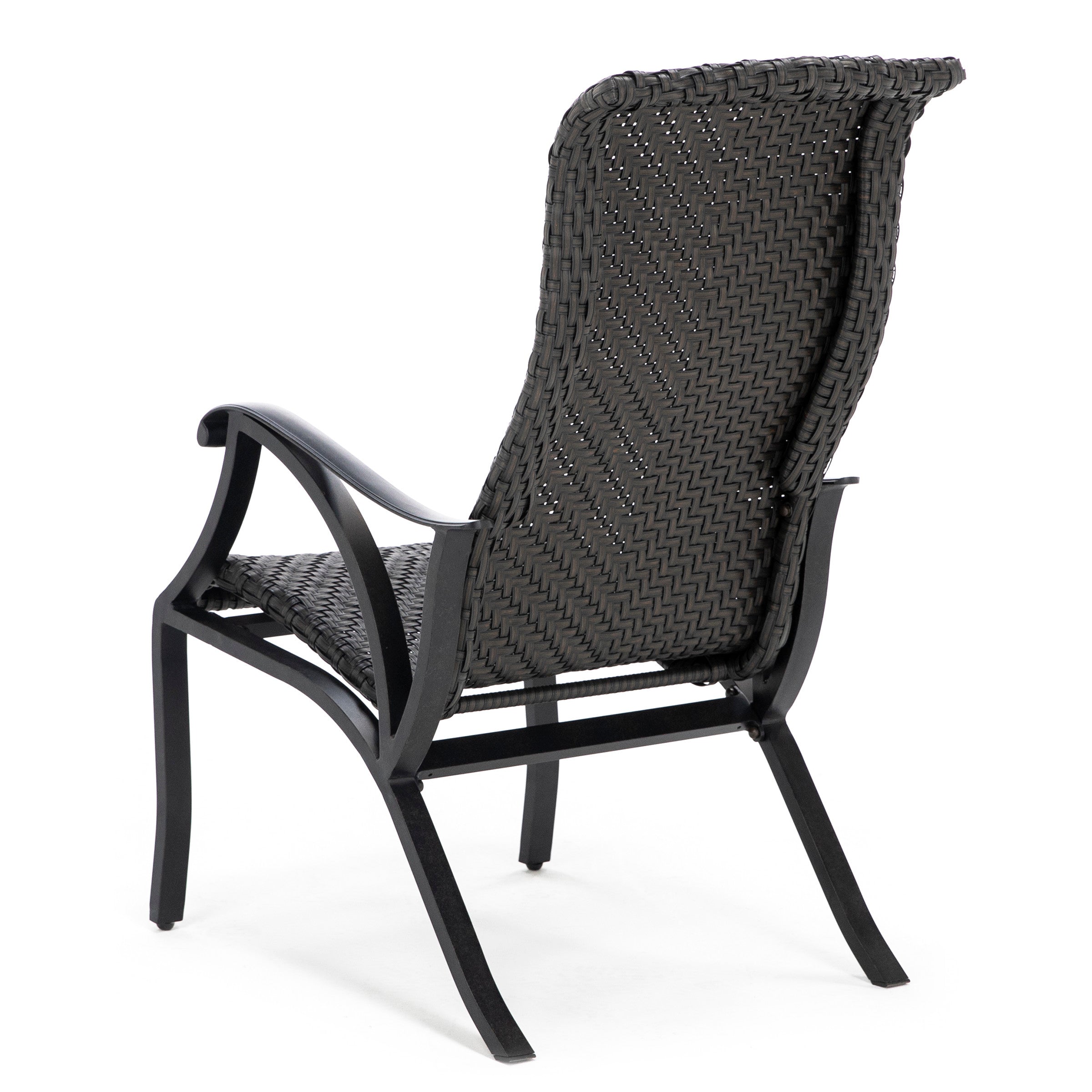 Back view of a black woven outdoor chair with curved metal armrests.