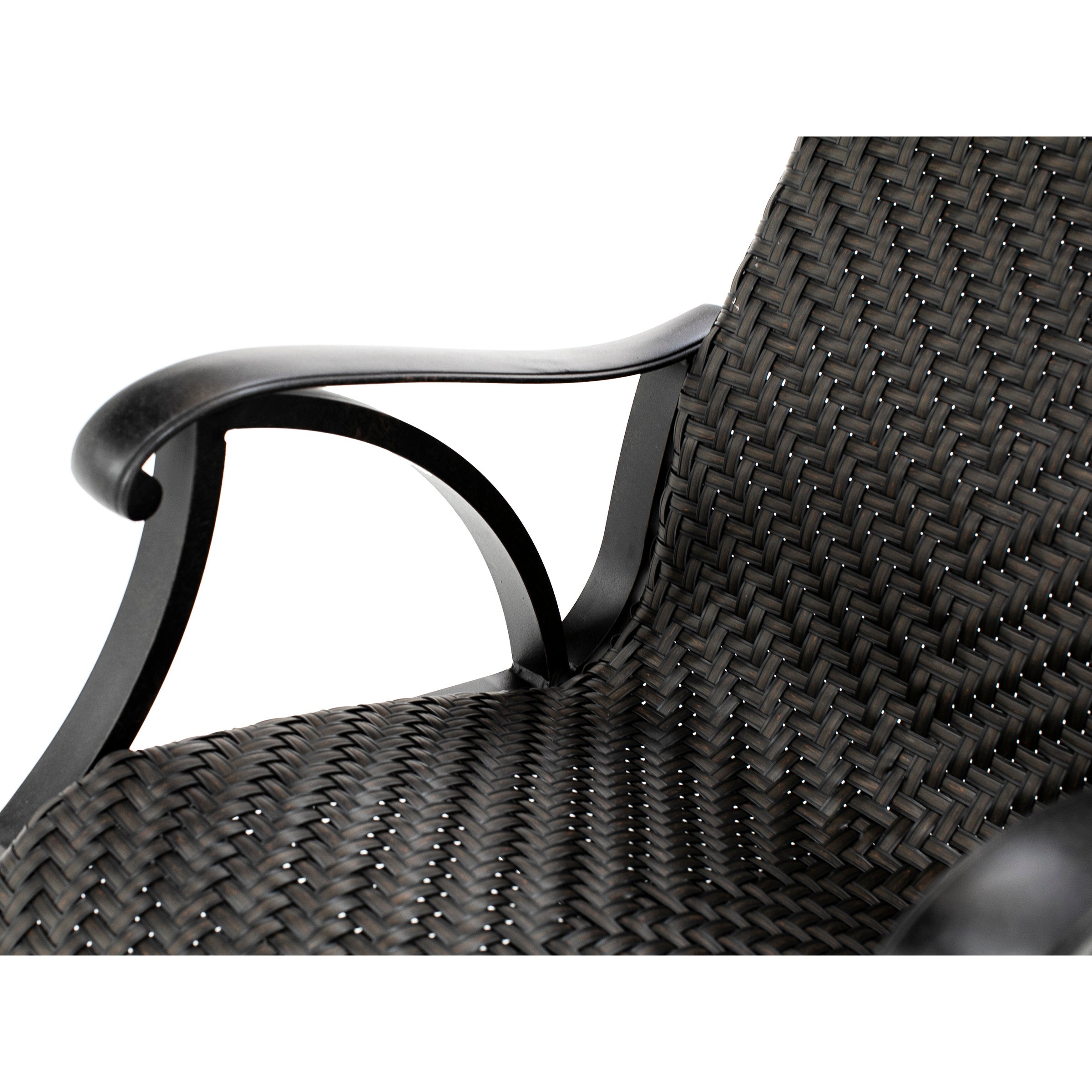 Close-up of a woven outdoor chair seat and armrest with a dark metal frame.