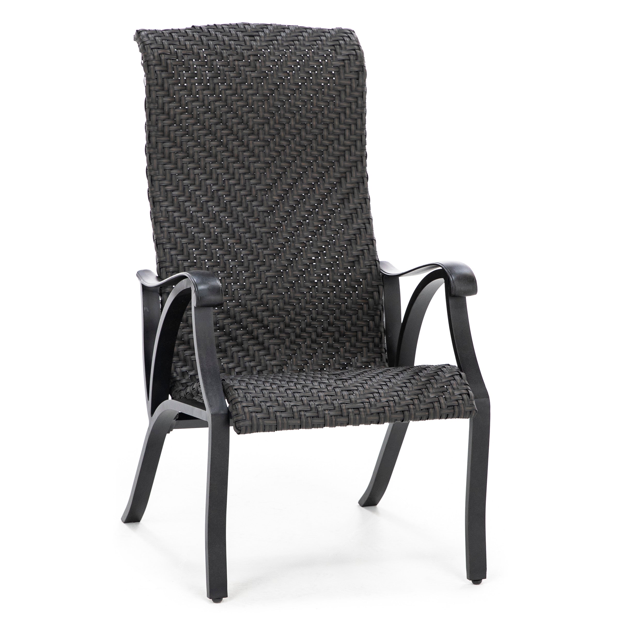 Black woven outdoor chair with curved armrests and metal frame.