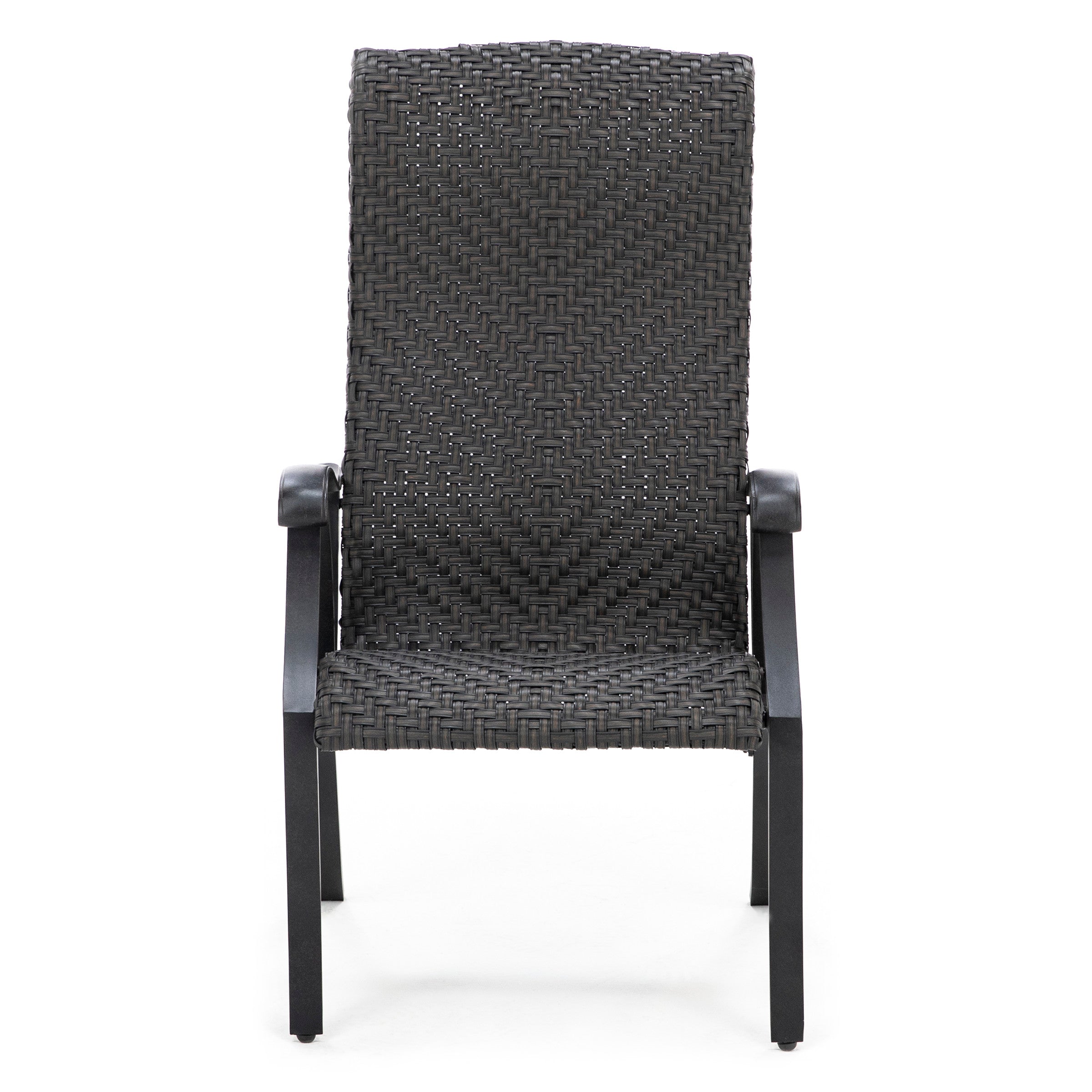 Outdoor chair with black woven seat and back, metal armrests and legs, shown front-facing.